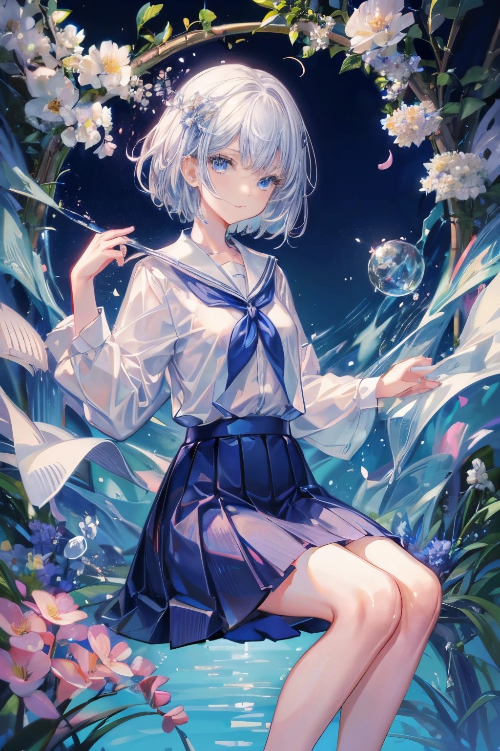 1 girl,(white) short hair,blue eyes,school uniforms,small breast,thin and small,flowers,明亮的色彩,微笑