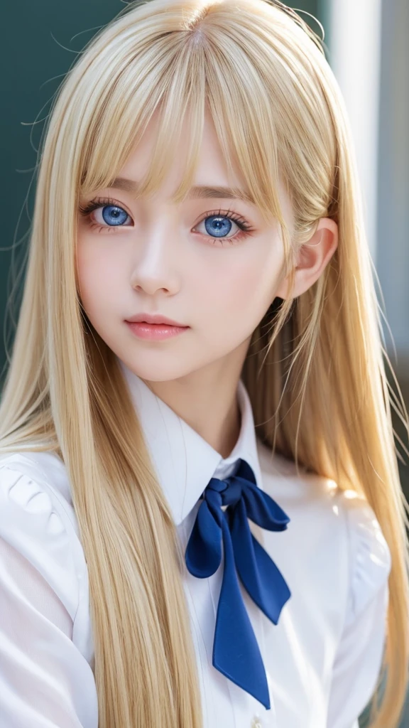 A beautiful girl with very long and beautiful shining bright blonde hair that is like silk.、long bangs between the eyes、Very beautiful bright light blue big eyes、Very cute big eyes、very clear big eyes、unparalleled beauty、Very cute and beautiful face、rich bust、school uniform、very white bright young skin、gloss cheek highlights、small face beauty、shy and bright look、