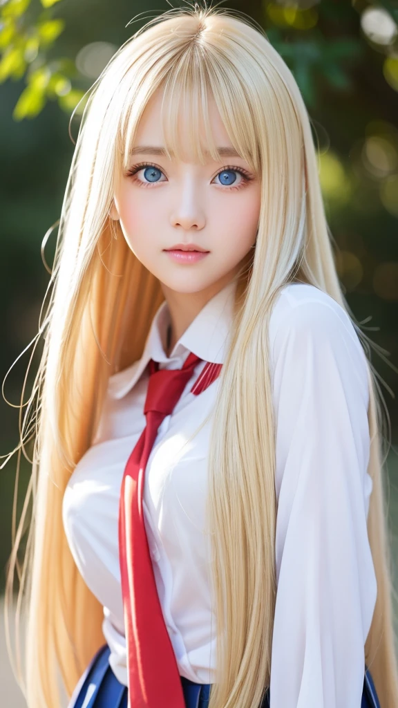 A beautiful girl with very long and beautiful shining bright blonde hair that is like silk.、long bangs between the eyes、Very beautiful bright light blue big eyes、Very cute big eyes、very clear big eyes、unparalleled beauty、Very cute and beautiful face、rich bust、school uniform、very white bright young skin、gloss cheek highlights、small face beauty、shy and bright look、