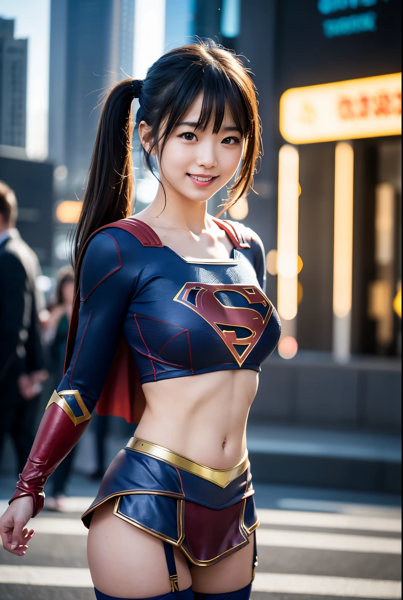 adorable, japanese girl, ************, (Supergirl costumes:1.2),twin tails、long hair、Plump thighs, big breasts、Chirarism、Thin belly、abs、smile、garter belt、Pose with movement、The background is a city with skyscrapers、I can see the blue sky、(非常にbe familiar withな肌), (highest quality:1.0), (realistic:1.0), (8K, RAW photo:1.1), (8k非常にbe familiar withなCGユニットの壁紙), (highest quality), (best illustrations), (best shadow), (be familiar with: 1.4), 3D, HDR (high dynamic range), ray tracing, NVIDIA RTX, super resolution, Scattered beneath the surface, PBR texture, Post-processing, anisotropic filtering, written boundary depth, maximum sharpness and acutance, multilayer texture, Albedo and highlight mapping, surface shading, Accurate simulation of light-matter interactions, perfect proportions, octane rendering, surreal、Photographed with Canon EOS R5、50mm lens、f / 2.8