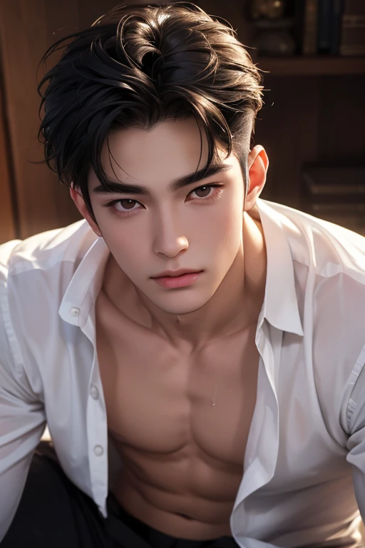 ((High quality)), ((masterpiece)), ((highly detailed)), perfect face, realistic, ((man)), ((Asian)), full body, young, 20 years old, black hair, comma hair style, ((handsome)), detailed eyes, beautiful detailed nose, realistic body, realistic light, comfortable exprssions, cute guy, sweat guy, cool guy, young, muscular body, abs