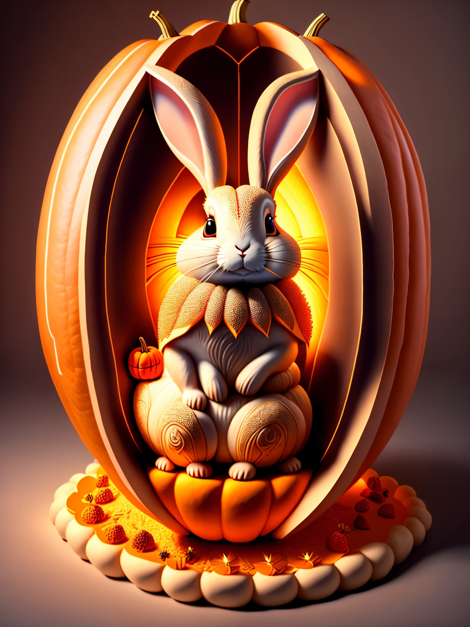 (A rabbit carved inside a large pumpkin: 1.1),,, 16k, relief, sturdy background: fruit carving, food carving, 3D carving, food sculpture design, rotation, interior carving, micro carving, classicism, depth of field, ultra-high definition, masterpiece, precision, ultra detail, high detail, high quality, award winning, best quality, 16k, soft lighting