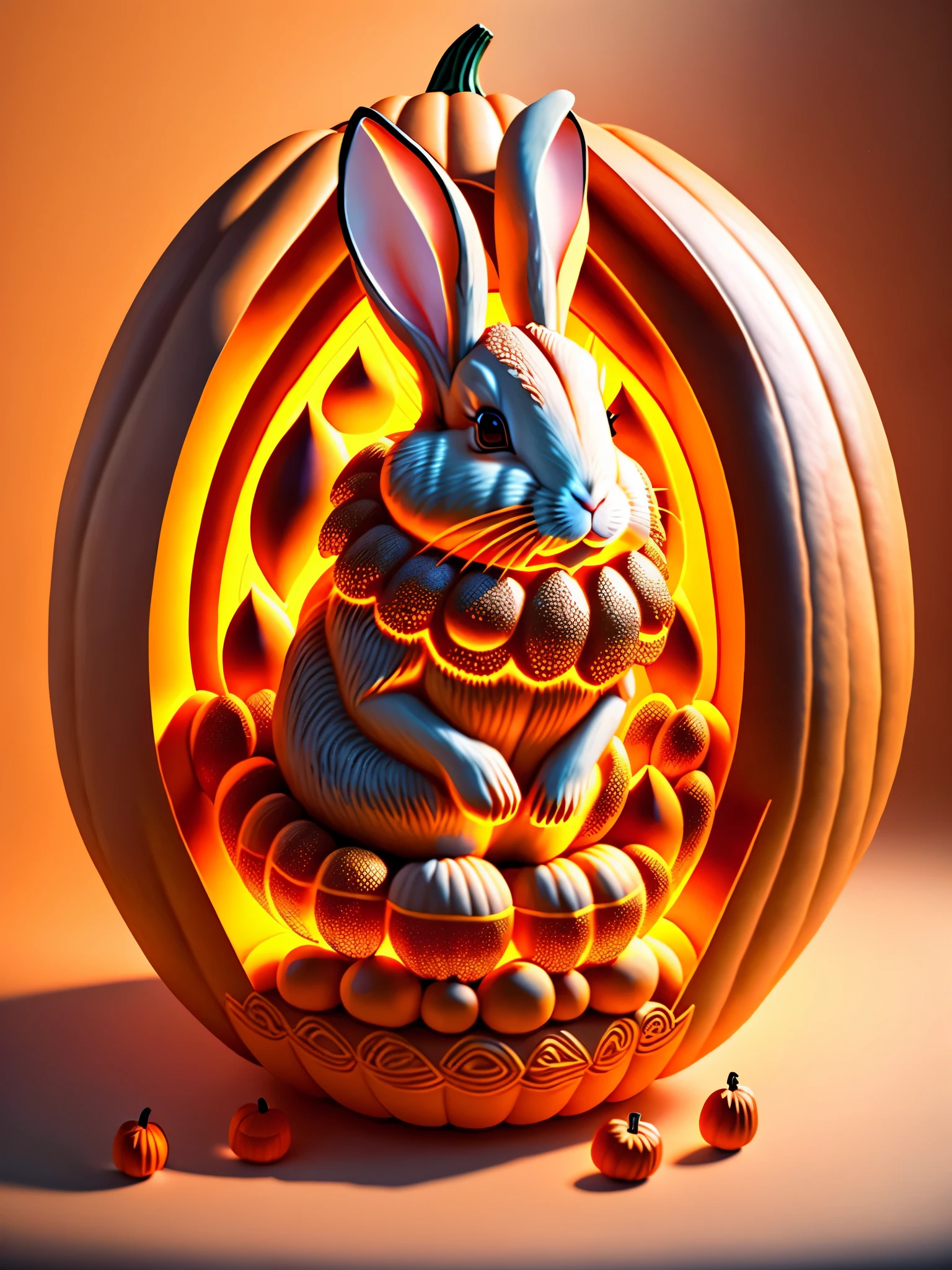 (A rabbit carved inside a large pumpkin: 1.1),,, 16k, relief, sturdy background: fruit carving, food carving, 3D carving, food sculpture design, rotation, interior carving, micro carving, classicism, depth of field, ultra-high definition, masterpiece, precision, ultra detail, high detail, high quality, award winning, best quality, 16k, soft lighting