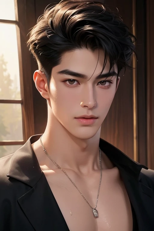 ((High quality)), ((masterpiece)), ((highly detailed)), perfect face, realistic, ((man)), ((Asian)), full body, young, 20 years old, black hair, comma hair style, ((handsome)), detailed eyes, beautiful detailed nose, realistic body, realistic light, comfortable exprssions, cute guy, sweat guy, cool guy, young, muscular body, abs