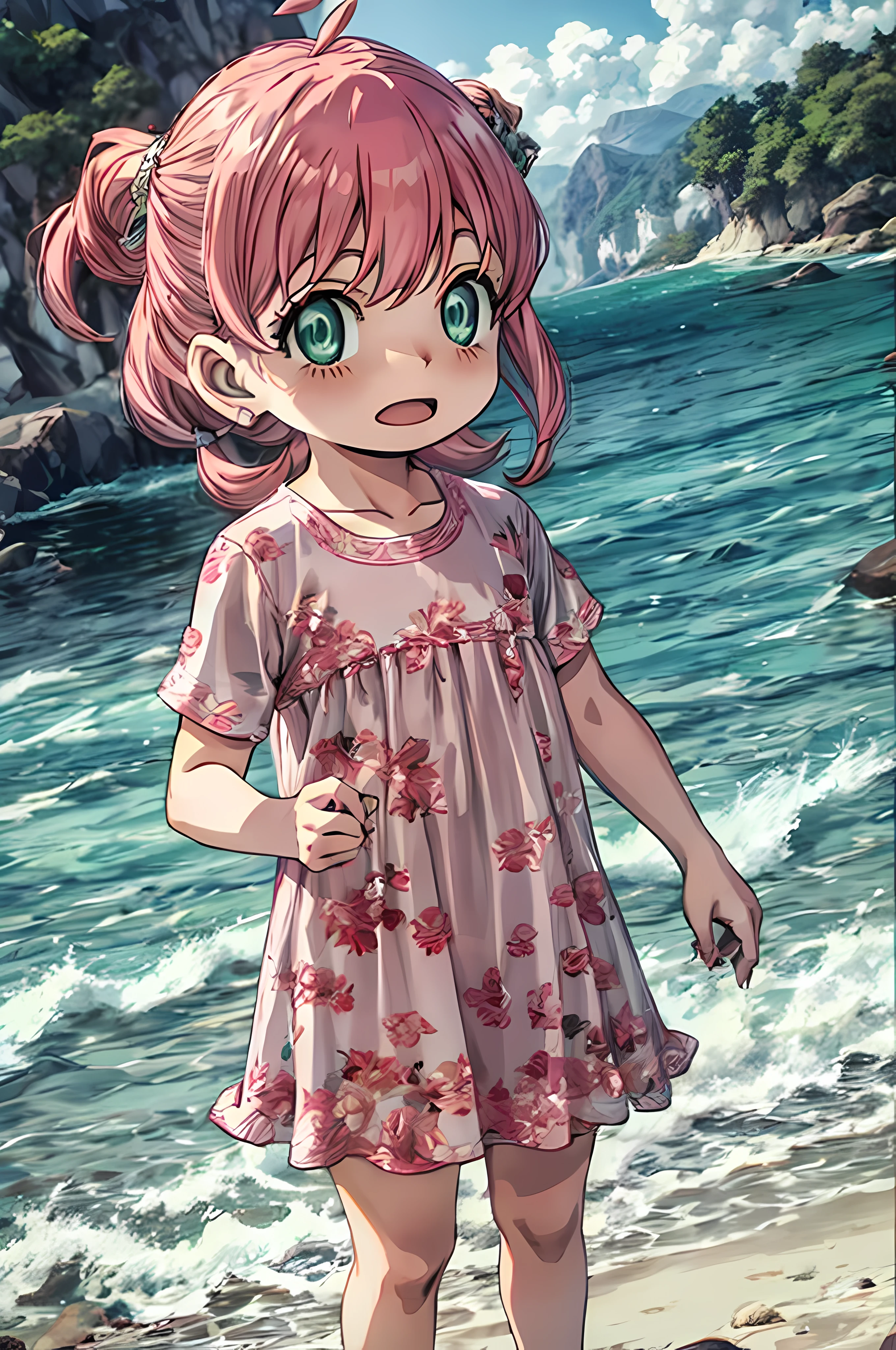pink hair、woman、、green eyes、open your mouth、cute、on the beach、Clear skies、sun、