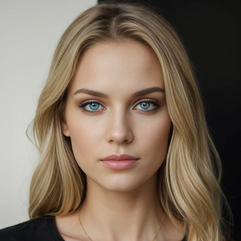Realistic light blond beautiful black v-neck shirt sexy women, blue green eyes, portait photo