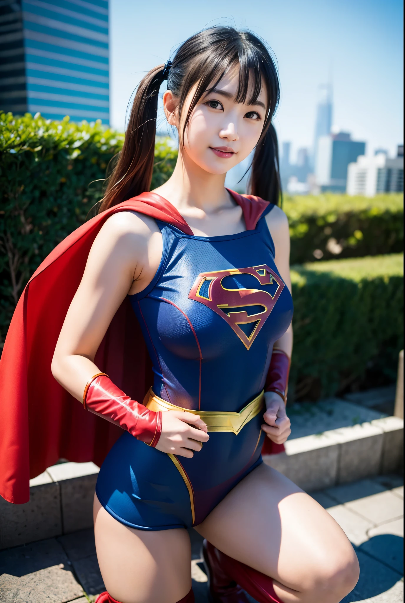 adorable, japanese girl, ************, (Supergirl costumes:1.2),twin tails、long hair、Plump thighs, big breasts、Chirarism、Thin belly、abs、smile、garter belt、Crouched figure、Pose with movement、The background is a city with skyscrapers、I can see the blue sky、(非常にbe familiar withな肌), (highest quality:1.0), (realistic:1.0), (8K, RAW photo:1.1), (8k非常にbe familiar withなCGユニットの壁紙), (highest quality), (best illustrations), (best shadow), (be familiar with: 1.4), 3D, HDR (high dynamic range), ray tracing, NVIDIA RTX, super resolution, Scattered beneath the surface, PBR texture, Post-processing, anisotropic filtering, written boundary depth, maximum sharpness and acutance, multilayer texture, Albedo and highlight mapping, surface shading, Accurate simulation of light-matter interactions, perfect proportions, octane rendering, surreal、Photographed with Canon EOS R5、50mm lens、f / 2.8