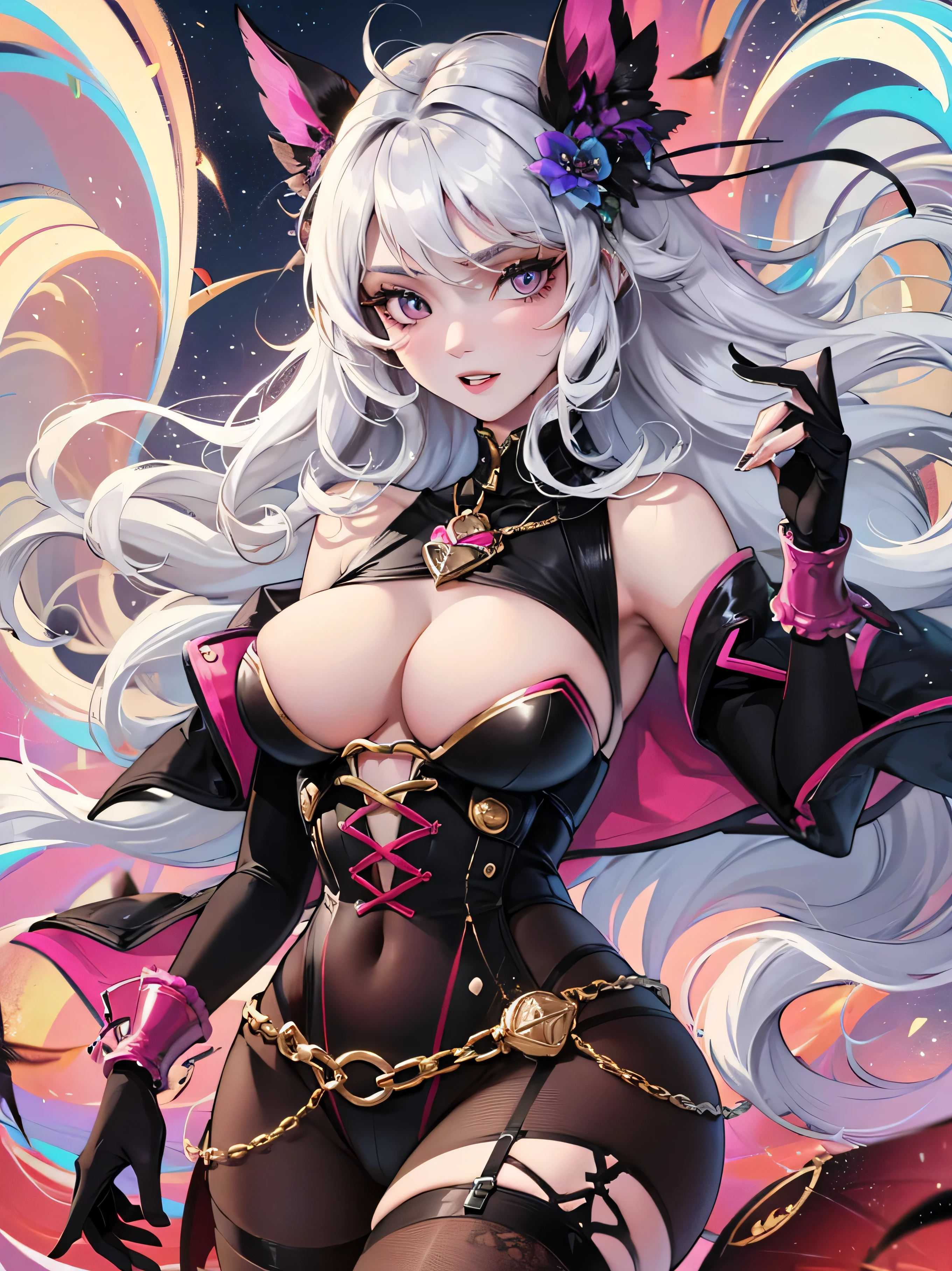 (best quality, masterpiece), young woman, pose, (only stockings:1.3)), (curvy), (take her breasts:1.3), (large breasts:1.article, wind, flower, upper body, background, looking at viewer, long curly windblown white hair, purple eyes, galaxy, backlit, rimlight, beautiful artwork, perfect composition