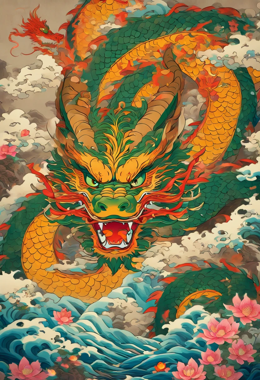 dragon, cutting off the dragon's head, beheading, Chinese dragon, Shui Mo Hua, lotuses, Chinese painting style, Thangka style