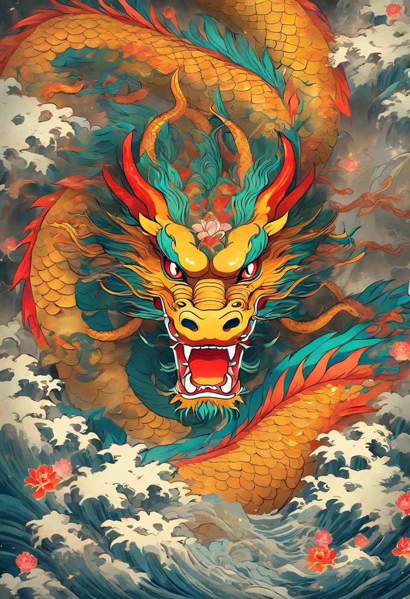 dragon, cutting off the dragon's head, beheading, Chinese dragon, Shui Mo Hua, lotuses, Chinese painting style, Thangka style