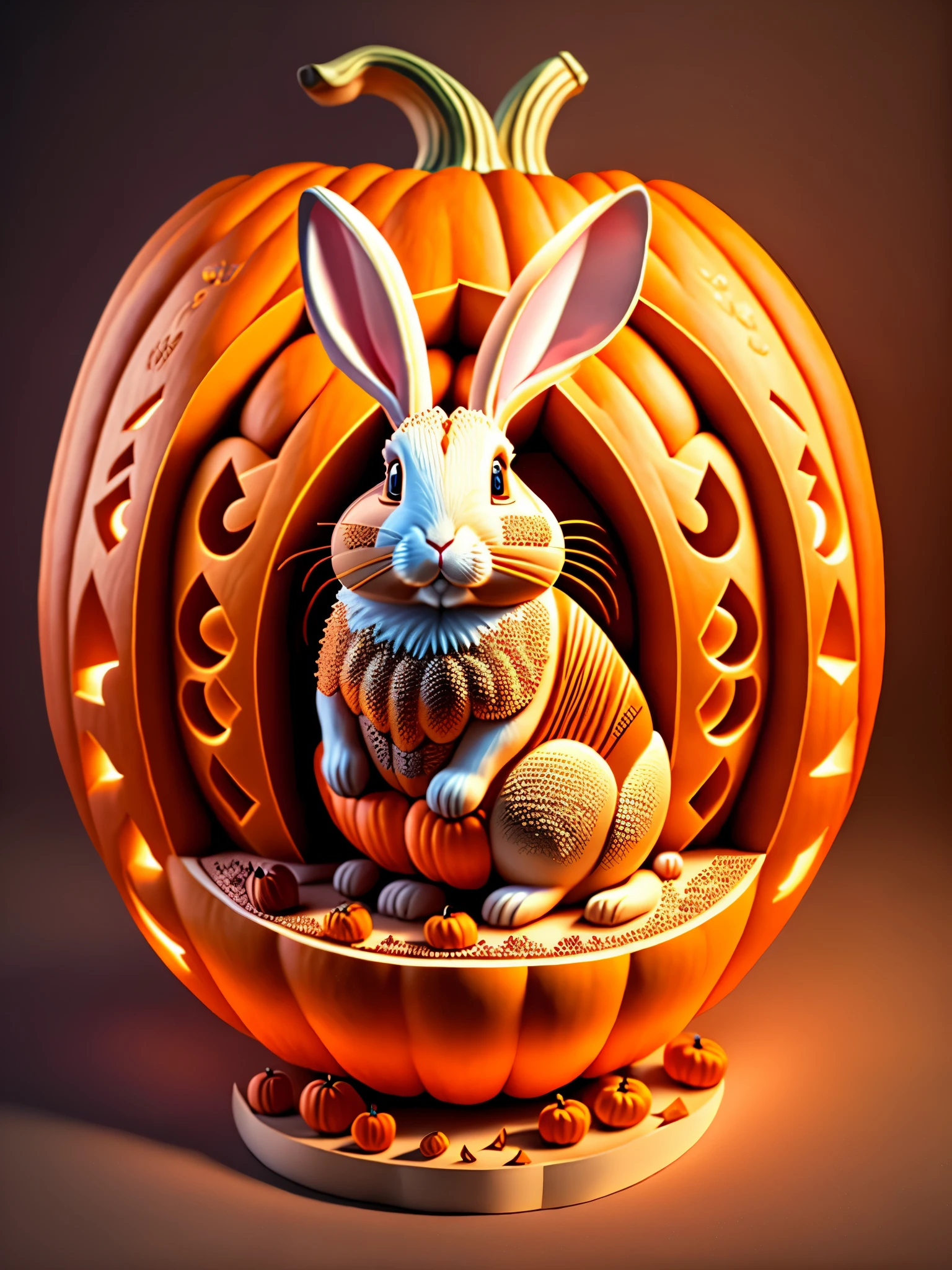 (A rabbit carved inside a large pumpkin: 1.1),,, 16k, relief, sturdy background: fruit carving, food carving, 3D carving, food sculpture design, rotation, interior carving, micro carving, classicism, depth of field, ultra-high definition, masterpiece, precision, ultra detail, high detail, high quality, award winning, best quality, 16k, soft lighting