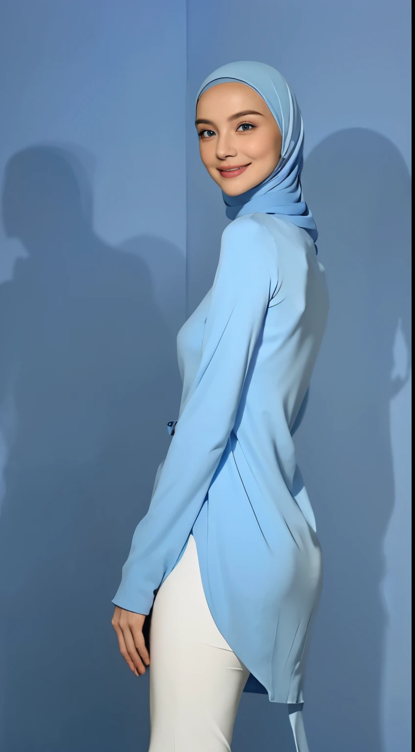 Masterpiece, ultra hd, 4k, high resolution detail, classroom background detailed, perfect lighting, sunset, 1 lady, solo shot, A ponytail lady,beautiful face detailed, eyes detailed, lips detailed, slender toned body, (thick thigh), (medium droopy breast), (rounded hips), (thick ass), perfect proportion and shape, seductive pose, back view, look at camera, fear face detailed, (long sleeve  tight white-blouse tucked in), ((tight blue pastel-shiny formal trouser)), dark skin , fair skin, ((glasses)), ((white shirt)), ((closed white hijab))