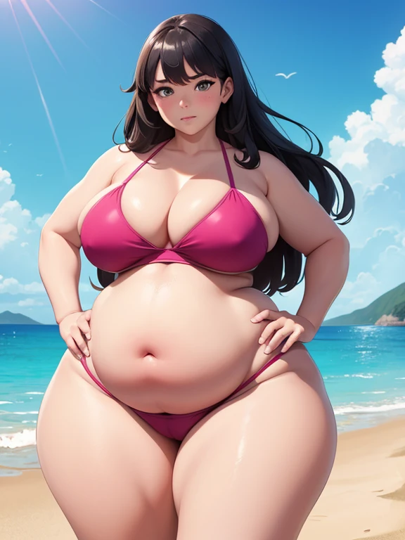 strong ssbbw, exaggerated belly proportions, bulk body, pregnant belly, overdue, oversized belly, huge strectched belly, bloated belly, big thighs, one navel, bikini, beach, emotional