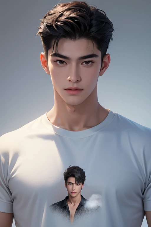 ((High quality)), ((masterpiece)), ((highly detailed)), perfect face, realistic, ((man)), ((Asian)), full body, young, 20 years old, black hair, comma hair style, ((handsome)), detailed eyes, beautiful detailed nose, realistic body, realistic light, comfortable exprssions, cute guy, sweat guy, cool guy, young, muscular body, abs body, T-shirt, sexy