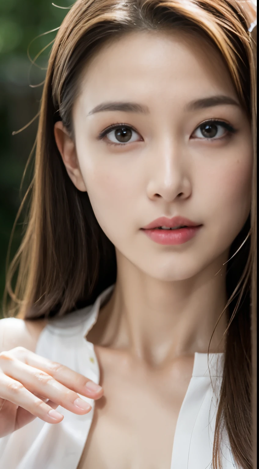 1 female, close up of face, Medium chest, light brown hair, dull bangs, hair behind the ear, shoulder hair, long hair, slender body shape, Extra-fine face, thin face, delicate lips, beautiful eyes, light blush, eyes are light brown, perfect shiny skin, perfect skin, Shining sweat,See here, ultra thin hands, super thin fingers, Optimal ratio of 4 fingers and 1 thumb, (realistic:1.3), finger extension, see-through white blouse. coniferous forest, one person&#39;s perspective, Film, f/1.2, 8K, table top, nffsw, Super detailed, high quality, 最high quality, High resolution,abs,6 pack,