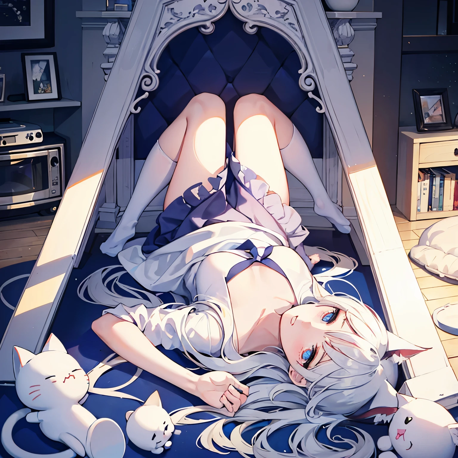 a girl,White头发,Cat ear,White,Feet to the camera,The camera bottom-up