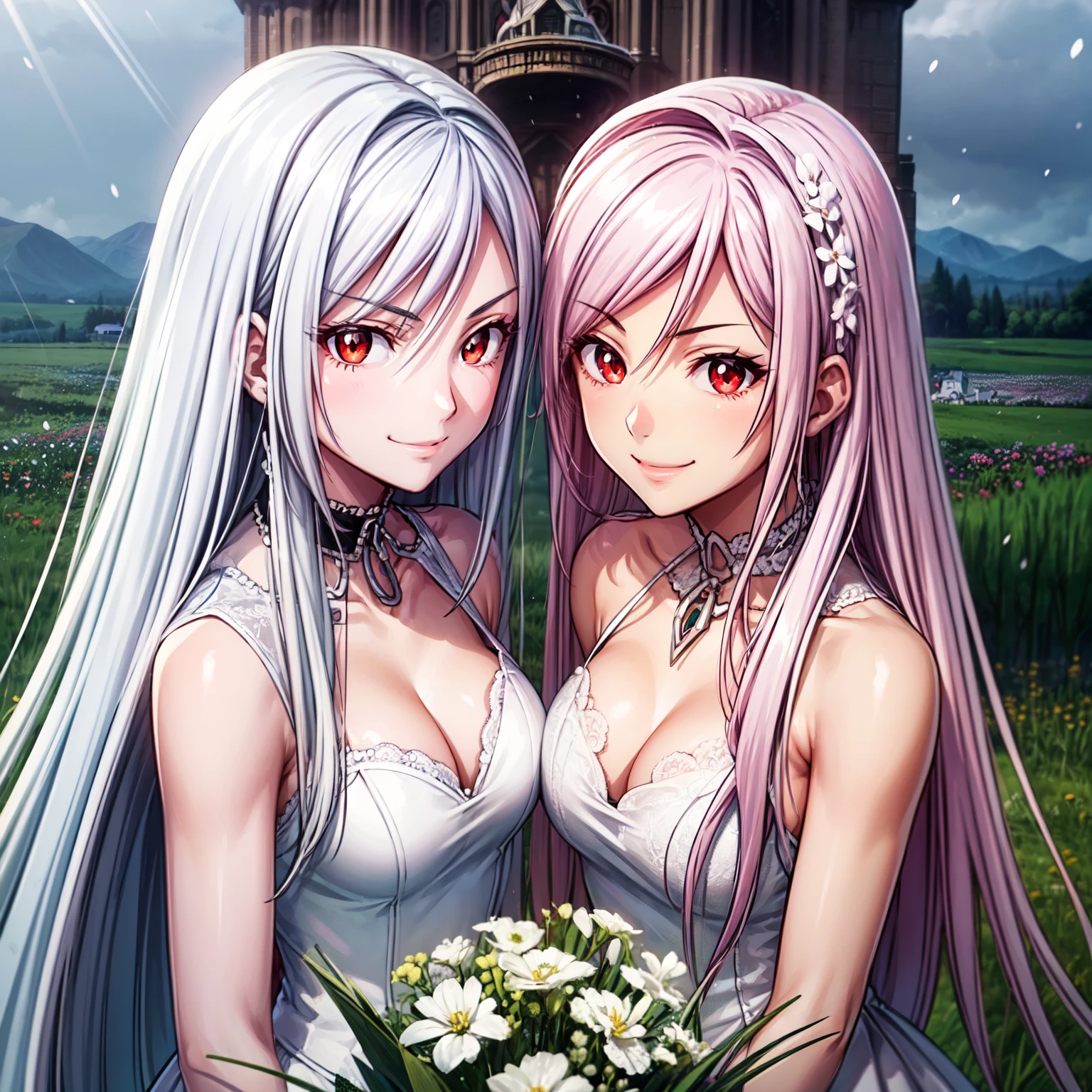 ((two Girl)), 28 years old, The girl on the left has long silver hair and red eyes with slit pupils, The girl on the left wear a white Wedding Dresses, The girl on the right has pink hair and green eyes with slit pupils, The girl on the left wear a pink Wedding Dresses, facing another, The two girls looked each other in the eyes, upper body, cropped torso upper body, (light_Smile:1.5), ((Meadow with a view of a small church)), ((snowstorm of flowers)), light ray, Upper body, The sky is beautiful,