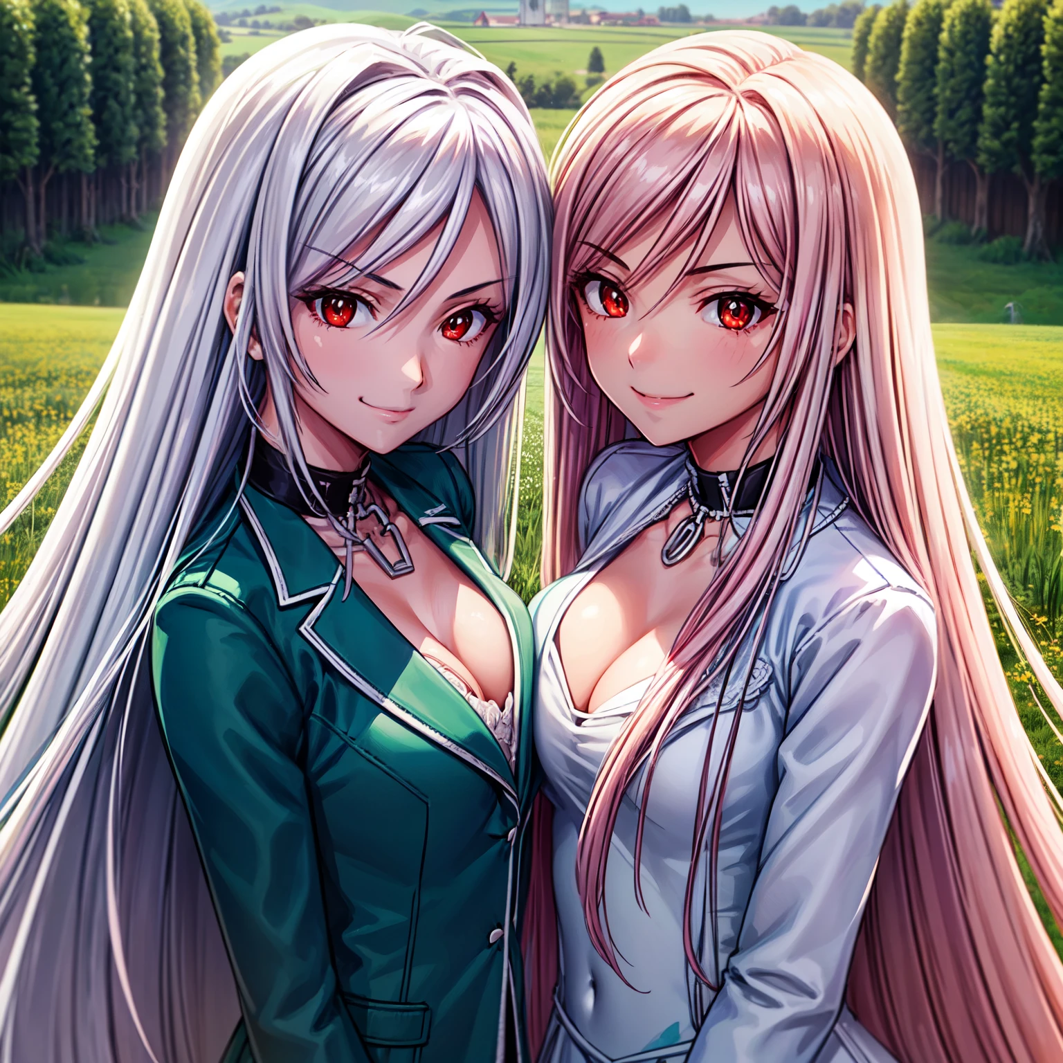 ((two Girl)), 28 years old, The girl on the left has long silver hair and red eyes with slit pupils, The girl on the left wear a white Wedding Dresses, The girl on the right has pink hair and green eyes with slit pupils, The girl on the left wear a pink Wedding Dresses, facing another, The two girls looked each other in the eyes, upper body, cropped torso upper body, (light_Smile:1.5), ((Meadow with a view of a small church)), light ray, Upper body, The sky is beautiful,