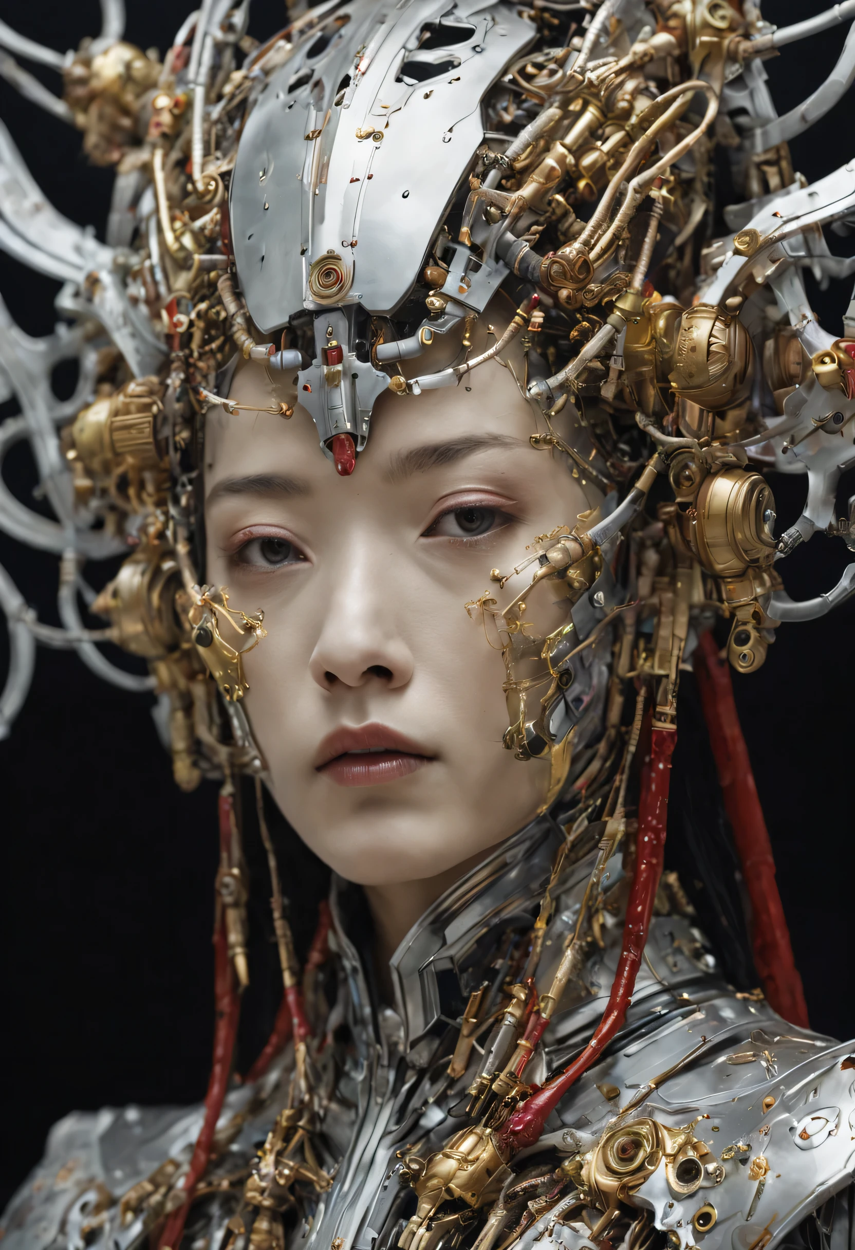 future local future, Actress Zhao Lusi plays an advanced cybernetic machine, Japanese goddess of war, , Artistic details, Cyberpunk Chinese Mythology, Epic science fiction fantasy, center, In the style of Nick Alm&#39;fantastic future fantasy, dark prism, dark, Metal composition, symmetrical arrangements, iridescent metallic , distinctive noses, ethereal, Colorful blood stains, 引人注目的Metal composition, Symmetrical geometry, distinctive noses, gothic references, With thick lines and black stripes, white, Red, Gold and silver, Fantasy science fiction art, a detailed painting, ,Alex Alemany (Alex Alemany) with karol bak (karol bak) merge