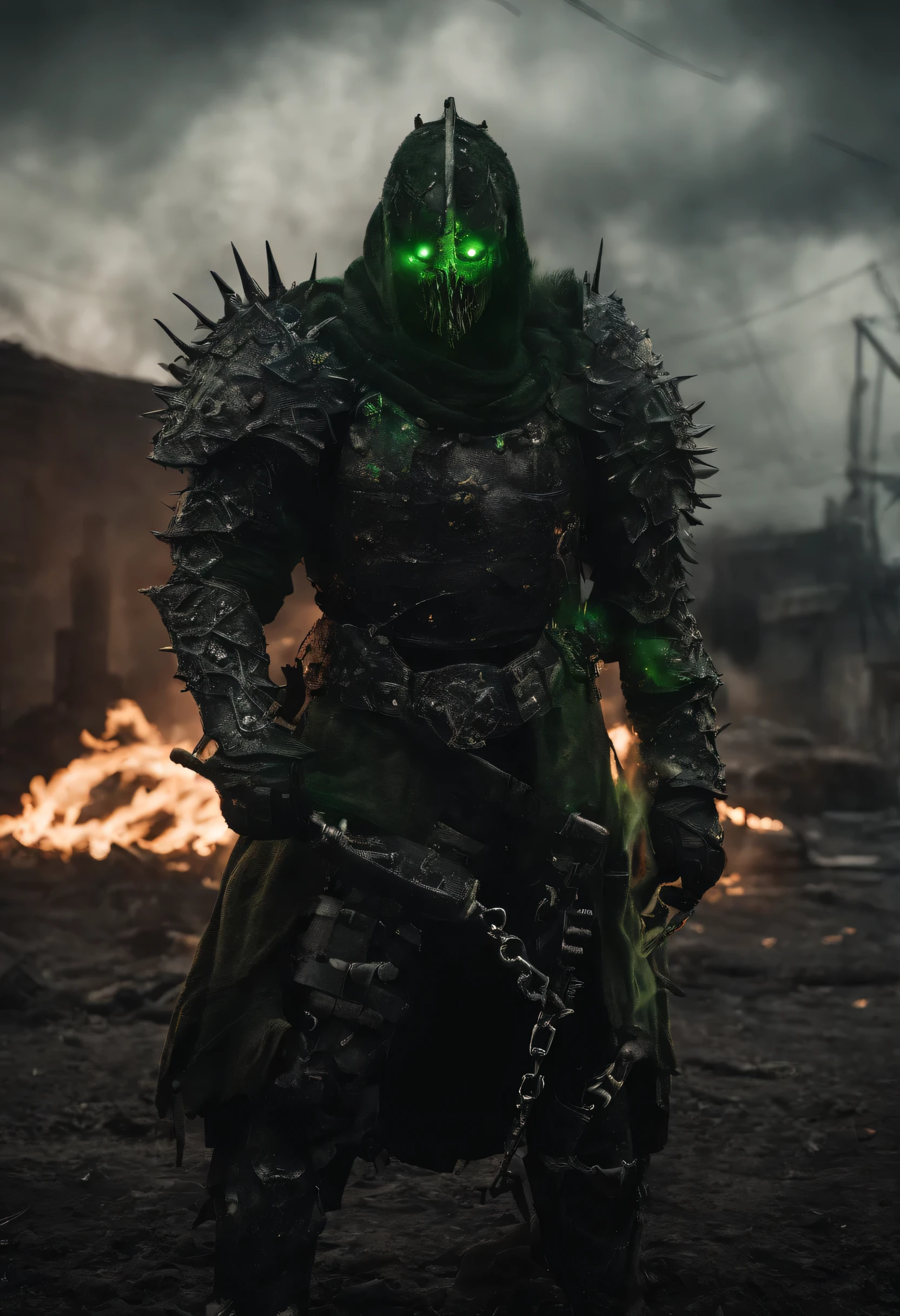 ((Realistic: 1.5)),((Best quality)), ((masterpiece)),((detailed)), Image Comics version of Spawn Copper Wolf, (((Wear full plate armor))), ((Eyes glow green)), ((The chains are burning in his hands)), the armor has spikes, Winner in the nomination &quot;Best Photo of the Year&quot;, world in fire, post-apocalyptic hellscape, military photography, photo epic of the year, fire on the horizon, An epic cinematic shot, Pure form, the hard part, 8k post-production, a high resolution, Super Detail, trending on ArtStation, Sharp Focus, studio photos, the hard part, Very detailed, Greg Rutkowski