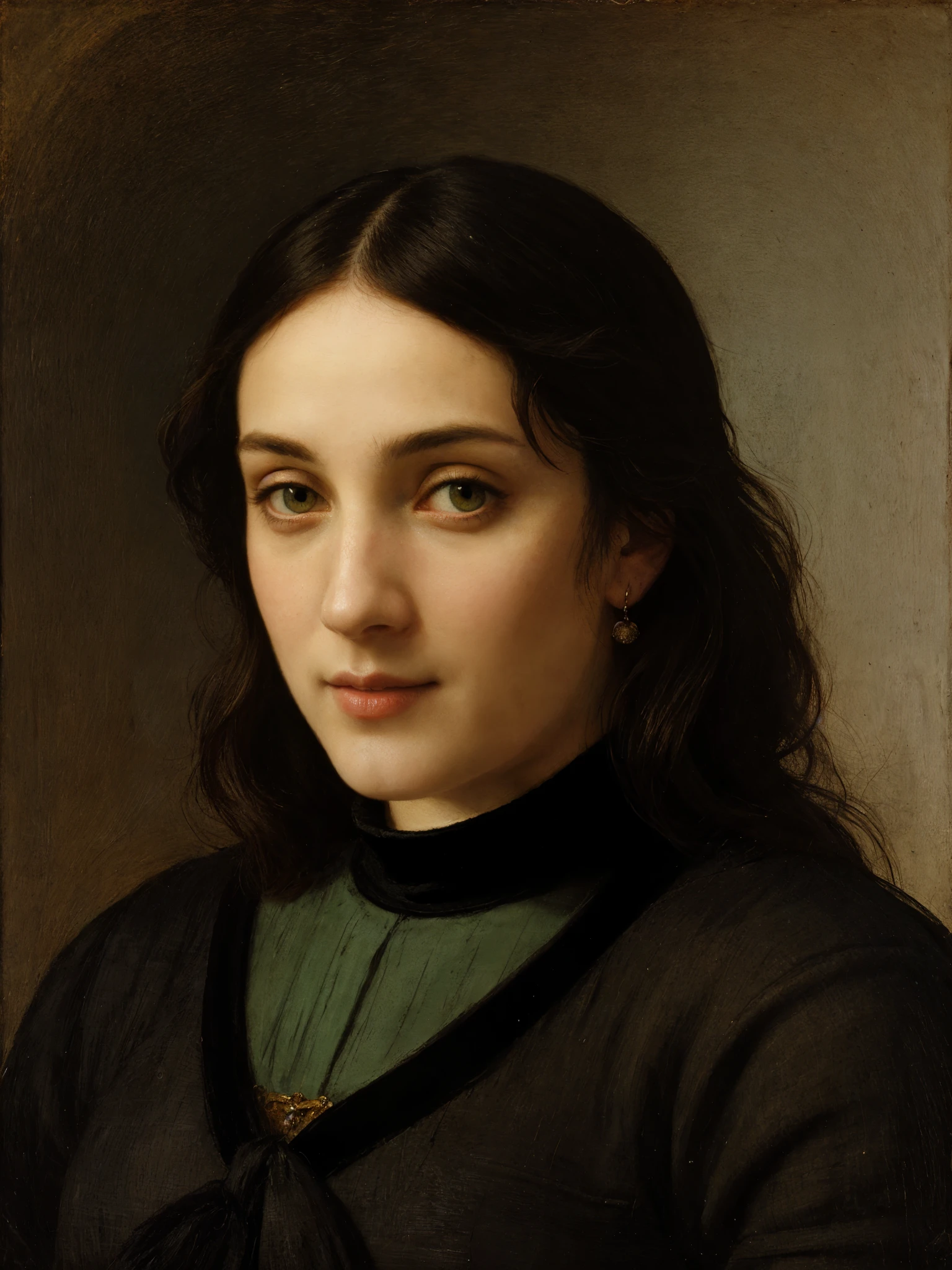 Art by Titian, Renaissance art style. 1woman, black hair, grey eyes, greyish green pupils, turtleneck dress 