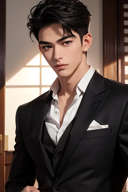 ((High quality)), ((masterpiece)), ((highly detailed)), perfect face, realistic, ((man)), ((Asian)), full body, young, 20 years old, black hair, comma hair style, ((handsome)), detailed eyes, beautiful detailed nose, realistic body, realistic light, comfortable exprssions, cute guy, sweat guy, cool guy, young, muscular body, abs body, shirt, suit, sexy