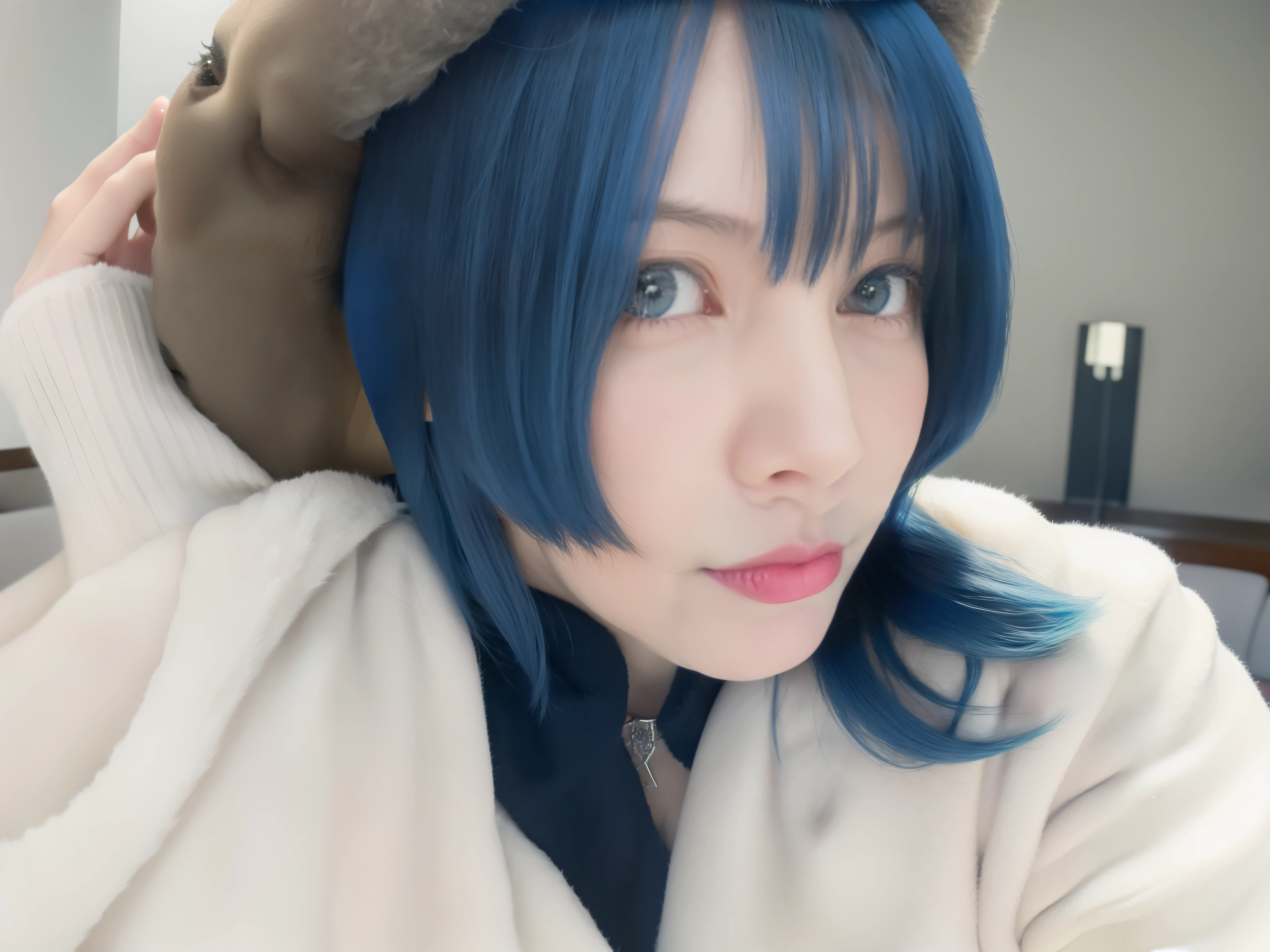 arafed woman greenい髪 and a furry hat posing for a picture, have green skin, greenい髪, sakimichan, pure white skin, greenい頭, Ulzzang, mikudayo, green, ice blue eyes, green白の髪, shikamimi, ice green eyes, Real Anime Girls