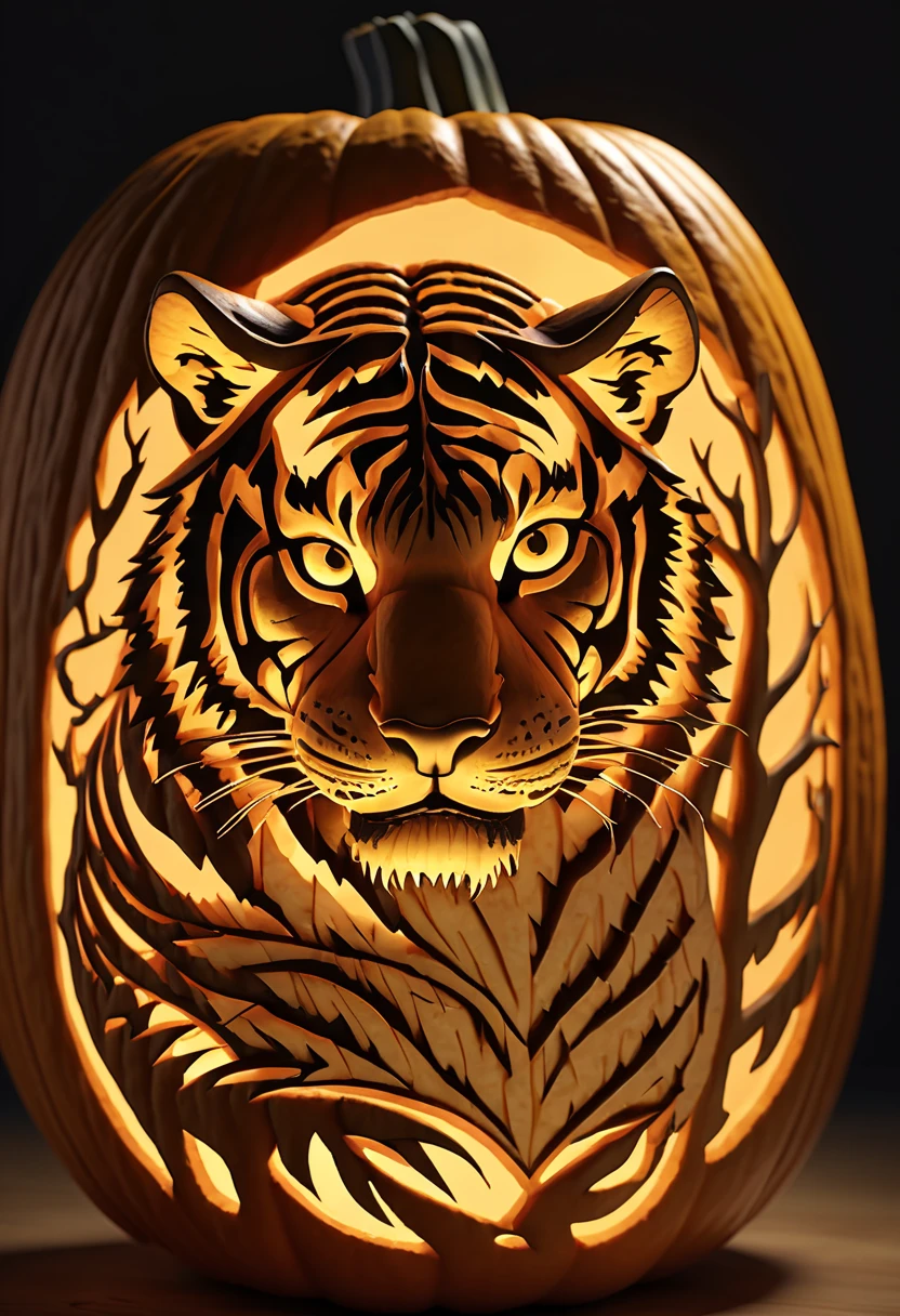 ultra detailed Pumpkin Carvings like a tiger, Shining suspiciously luminescence, BREAK high quality render, ultra realistic shadows, photoreal, 8k, photorealistic