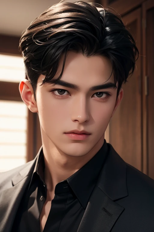 ((High quality)), ((masterpiece)), ((highly detailed)), perfect face, realistic, ((man)), ((Asian)), full body, young, 20 years old, black hair, comma hair style, ((handsome)), detailed eyes, beautiful detailed nose, realistic body, realistic light, comfortable exprssions, cute guy, sweat guy, cool guy, young, muscular body, abs body, shirt, suit, sexy