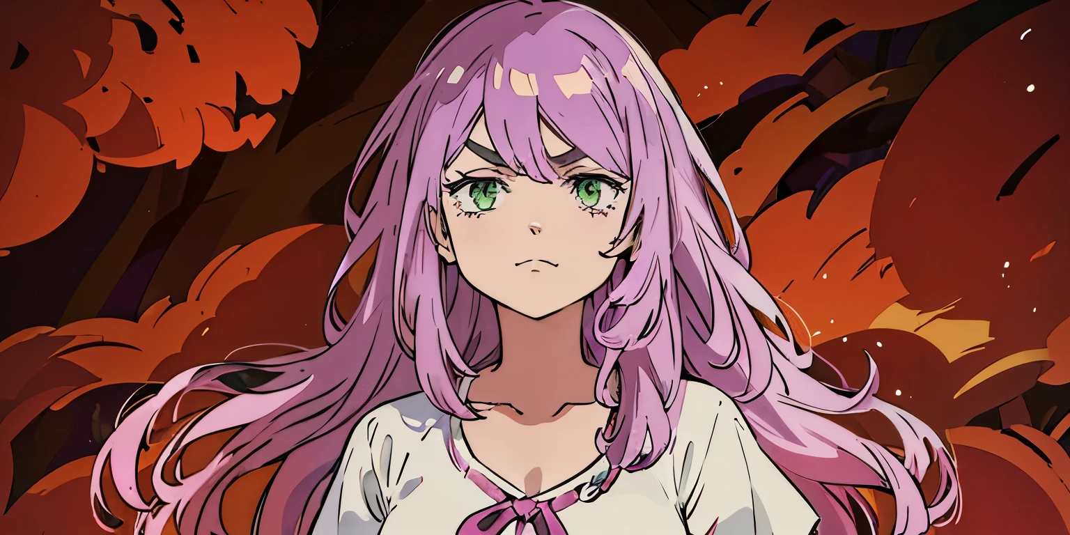 masterpiece, best quality, expressive eyes, perfect face, 1girl, purple pink hair, long hair, long bangs, green eyes, smirk face, angry eyebrows, white shirt