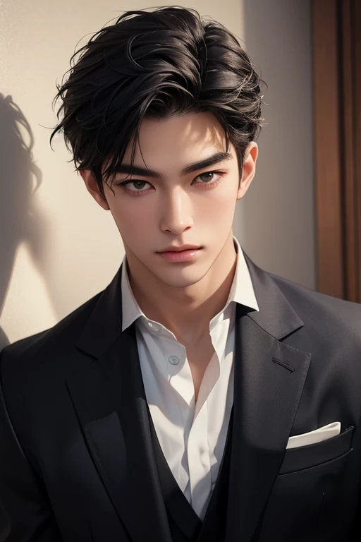 ((High quality)), ((masterpiece)), ((highly detailed)), perfect face, realistic, ((man)), ((Asian)), full body, young, 20 years old, black hair, comma hair style, ((handsome)), detailed eyes, beautiful detailed nose, realistic body, realistic light, comfortable exprssions, cute guy, sweat guy, cool guy, young, muscular body, abs body, shirt, suit, sexy