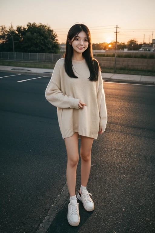 Cute girl with long black hair and round face wearing brown sweater standing on the roadside。Smile without bangs at sunset。Wearing a pair of canvas shoes on her feet