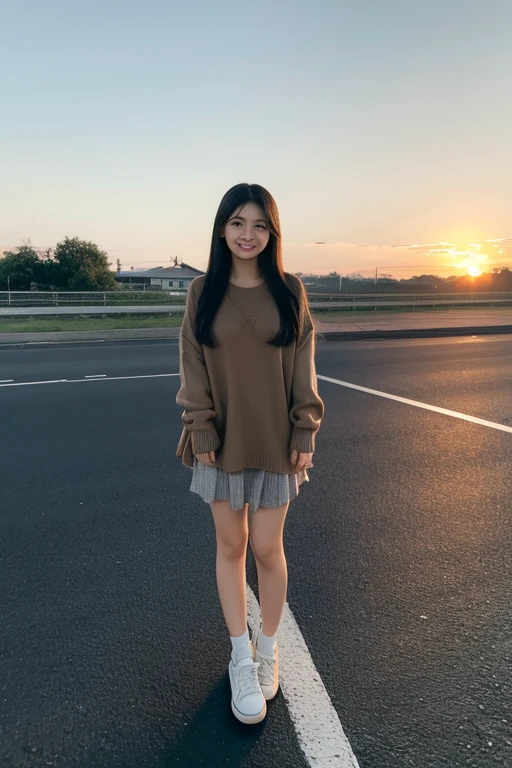 Cute girl with long black hair and round face wearing brown sweater standing on the roadside。Smile without bangs at sunset。Wearing a pair of canvas shoes on her feet