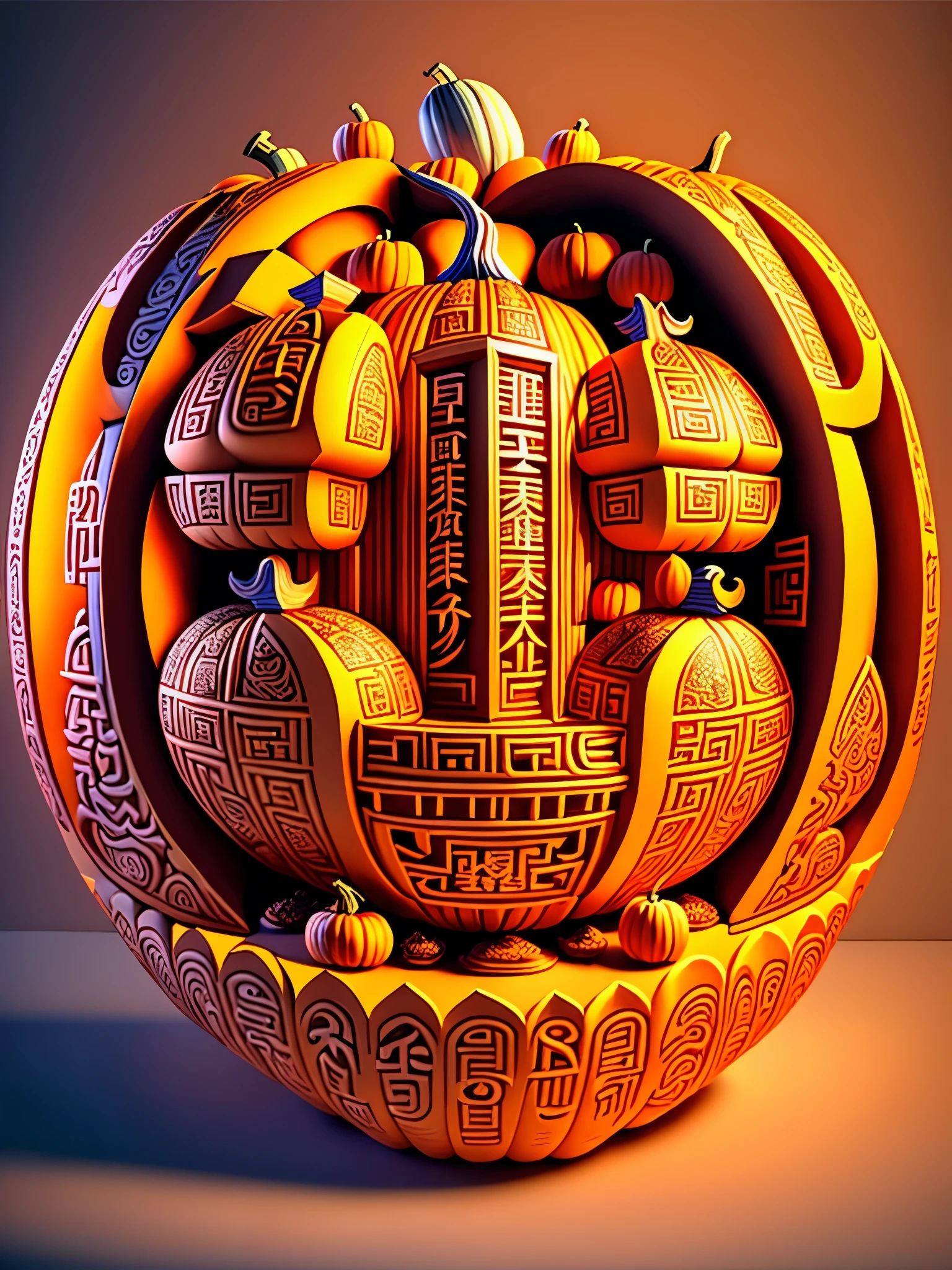 (The interior of a large pumpkin  carved with auspicious characters: 1.1), various fonts of Chinese characters, including auspicious characters in regular script, clerical script, seal script, oracle bone script, 16k, relief, solid background: fruit carving, food carving, 3D carving, food sculpture design, rotation, interior carving, micro carving, classical themes, depth of field, ultra-high definition, masterpiece, precision, ultra detail, high detail, high quality, award winning, best quality, 16k, soft lighting