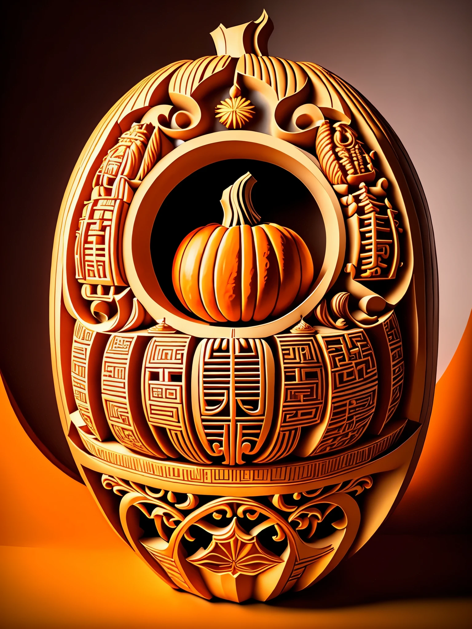 (The interior of a large pumpkin  carved with auspicious characters: 1.1), various fonts of Chinese characters, including auspicious characters in regular script, clerical script, seal script, oracle bone script, 16k, relief, solid background: fruit carving, food carving, 3D carving, food sculpture design, rotation, interior carving, micro carving, classical themes, depth of field, ultra-high definition, masterpiece, precision, ultra detail, high detail, high quality, award winning, best quality, 16k, soft lighting