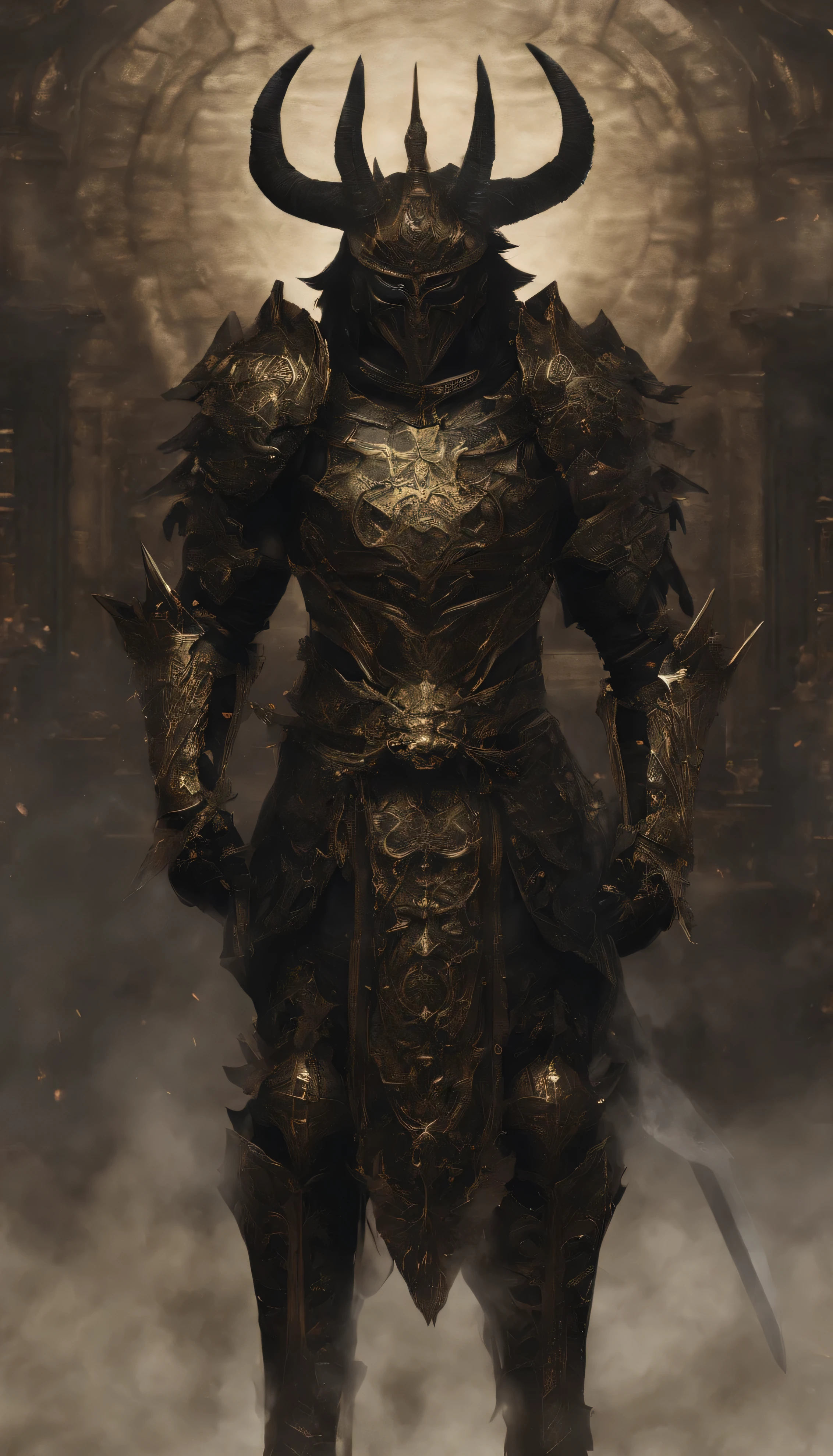 warrior, Conceptual art, Author：Kishiganka, fantasy art, Battlefield Background, clean render, horned, Put on your armor, Detailed smoke in bushido shape, The Helmet of the Forgotten Deity, character position, 8k realistic, in game render, detailed face background, Art station home page, bull, pseudo-medieval fantasy, Deity in koi armor, Детализированная bronze armor, bronze armor, Gold engraved armor, golden obsidian armor, Light Gold Armor, magnificent filigree armor, A demonic warrior, Magnificent armor, full of thorns, Sophisticated Assassin Armor, Complex metal armor, powerful warrior, Dressed in magnificent golden armor，Decorated with intricate patterns.., The helmet has a large crown and two horns..,glowing red eyes， Everything is in the dark, The smoky background hints at battle scenes, Add a sinister aura to your character，submission, full body shot.