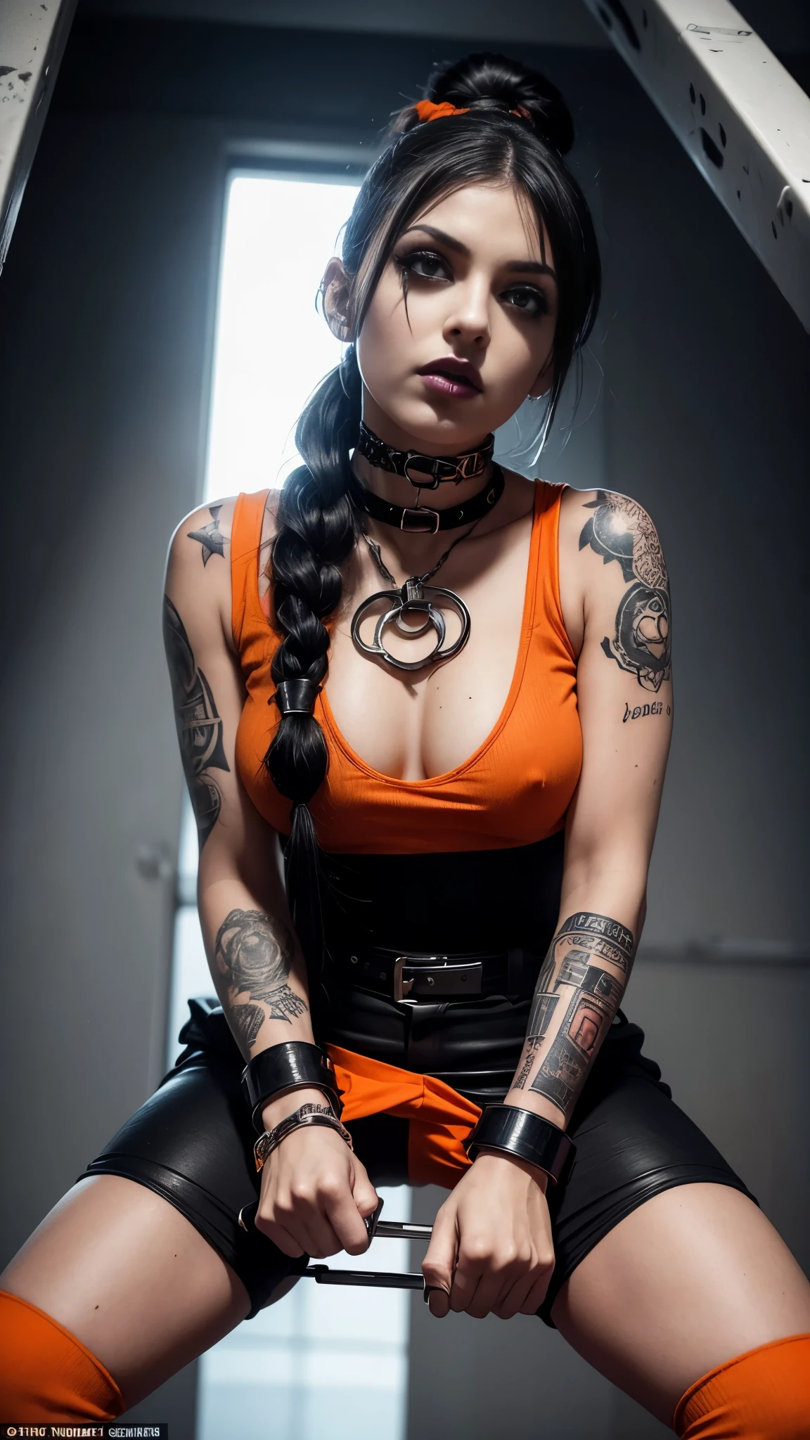 (one girl:1.3), pretty, 23 years old, goth girl, mean girl, (in prison cell:1.2), (orange clothing:1.3), prisoner clothing, black eyes, black hair, pigtails hair, aggressive look, dominant look, (eyeliner:1.2), (black lips:1.2), (black lipstick:1.2), make-up, natural beauty, (looking straight into camera:1.3), (from below:1.4), teeth visible, (full body shot:1.3), (from head to toe:1.3), tattoos, legs apart, best quality, photorealistic, good lighting, detailed skin, camera quality, (sfw:1.3), (handcuffs:1.3)