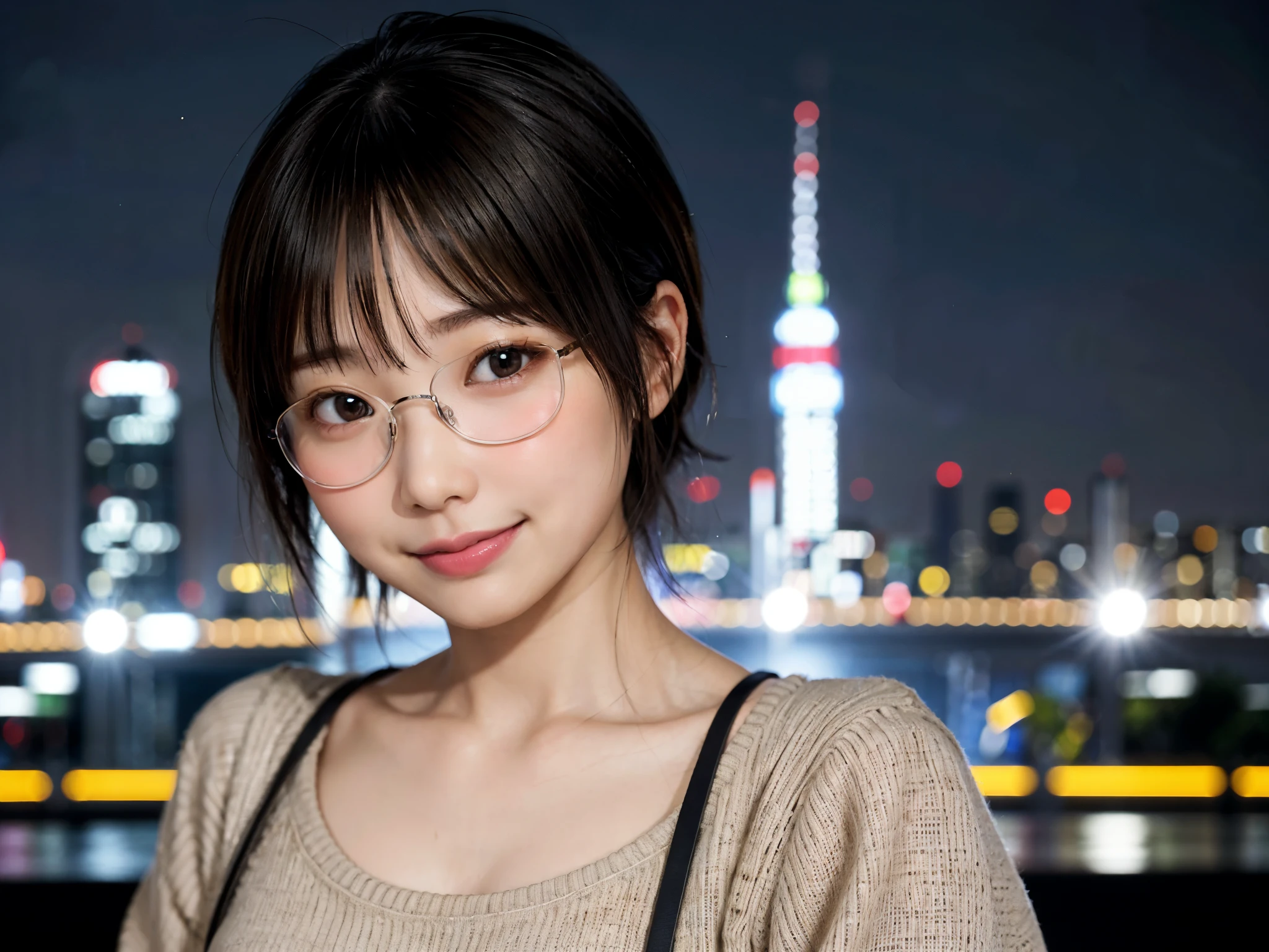 Japan girls in casual clothes、pay attention to the audience、Tokyo cityscape at night、(highest quality、master masterpiece)))、HD Fine、very detailed、master masterpiece、movie lighting、(8K、highest quality、master masterpiece:1.2)、(realistic、Photoreal:1.37) High resolution、Super detailed、woman wearing glasses、Silent look、round glasses、Asian, cute, cute顔, alone, short hair 1.2, rough skin, Beautiful smile, Beautiful and detailed night sky, night view, movie lighting, Depth of written boundary, lens flare light、On a date、(blush your nose)、、(closed your mouth)Beautiful eyes and small breasts、(sweater:1.1)、(short hair:1.2)、floating hair nova frog style、