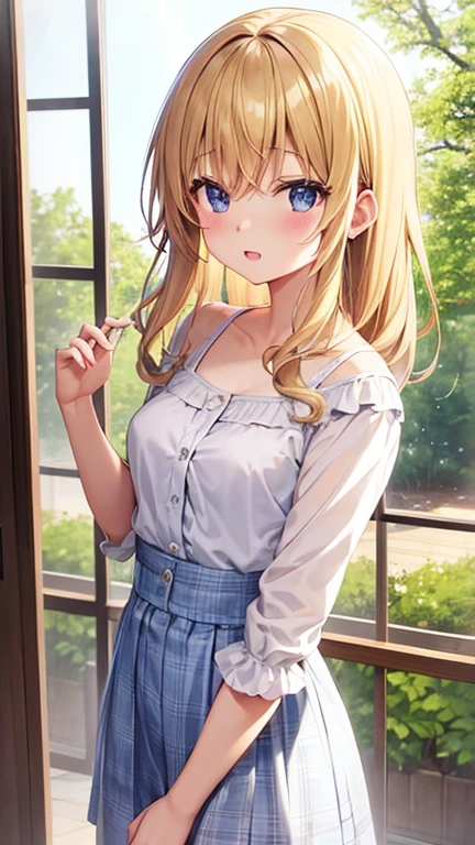 Beauty, Ecchi Body、cute look、anime style、girlの部屋、Summer countryside background through the window、Cute outfit、blonde、middle、girl、