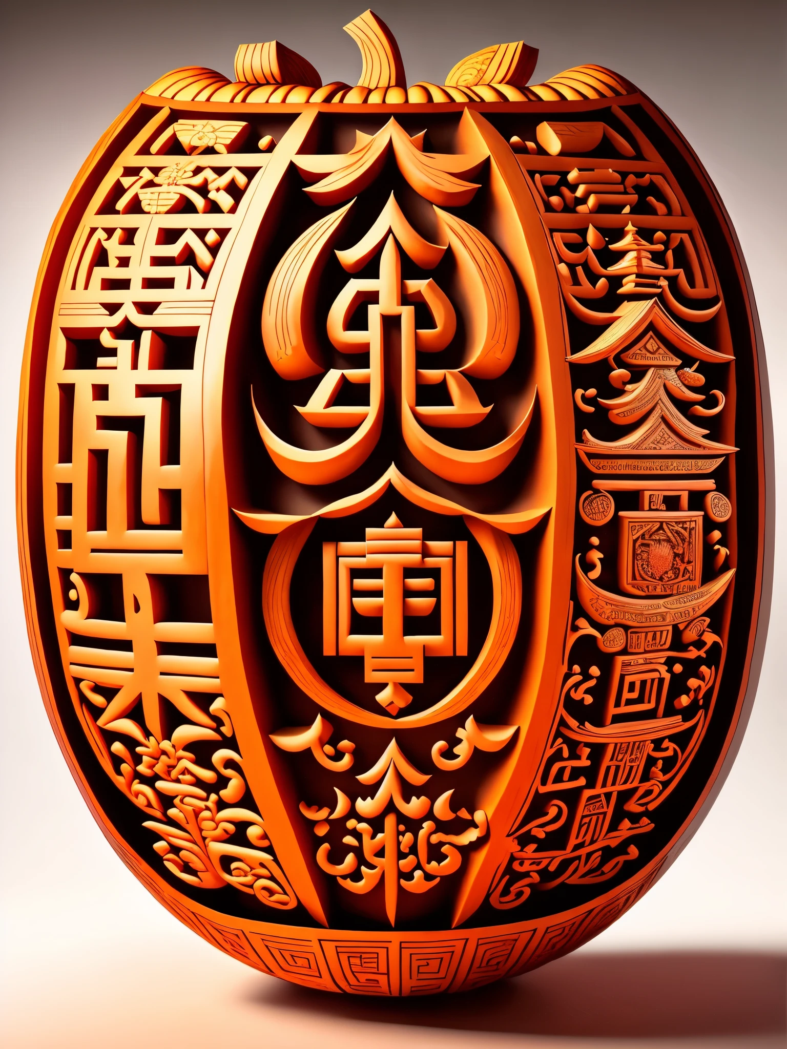 (The interior of a large pumpkin  carved with auspicious characters: 1.1), various fonts of Chinese characters, including auspicious characters in regular script, clerical script, seal script, oracle bone script, 16k, relief, solid background: fruit carving, food carving, 3D carving, food sculpture design, rotation, interior carving, micro carving, classical themes, depth of field, ultra-high definition, masterpiece, precision, ultra detail, high detail, high quality, award winning, best quality, 16k, soft lighting,
Chinese character