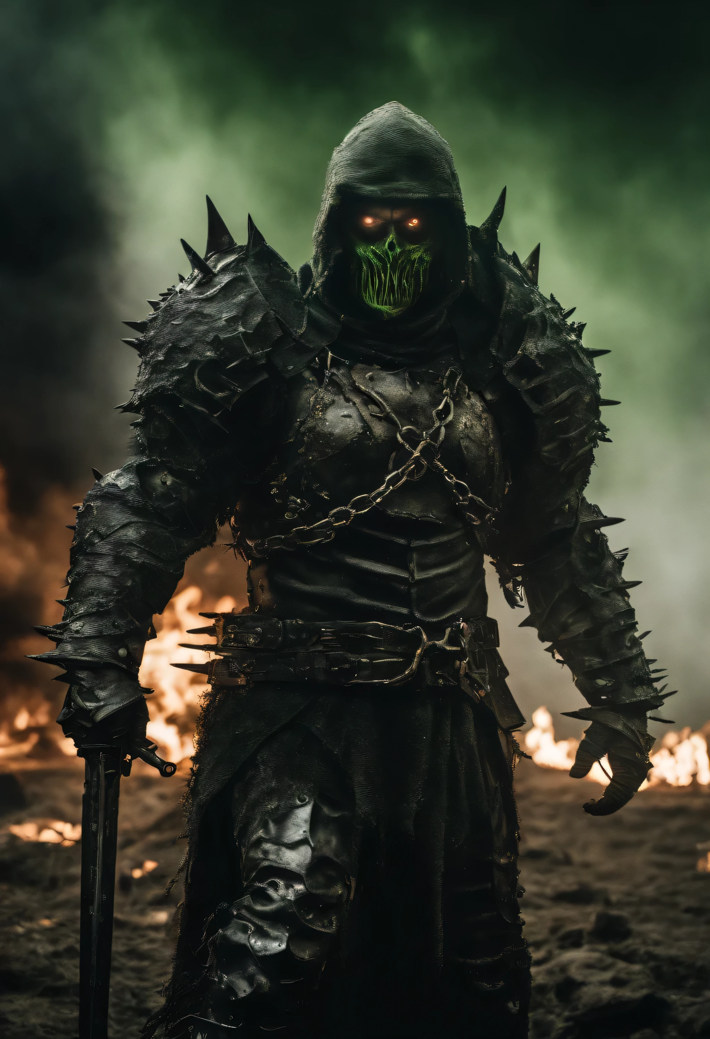 ((Realistic: 1.5)),((Best quality)), ((masterpiece)),((detailed)), Image Comics version of Spawn Copper Wolf, (((Wear full plate armor))), ((Eyes glow green)), ((The chains are burning in his hands)), the armor has spikes, Winner in the nomination "Best Photo of the Year", world in fire, post-apocalyptic hellscape, military photography, photo epic of the year, fire on the horizon, An epic cinematic shot, Pure form, the hard part, 8k post-production, a high resolution, Super Detail, trending on ArtStation, Sharp Focus, studio photos, the hard part, Very detailed, Greg Rutkowski