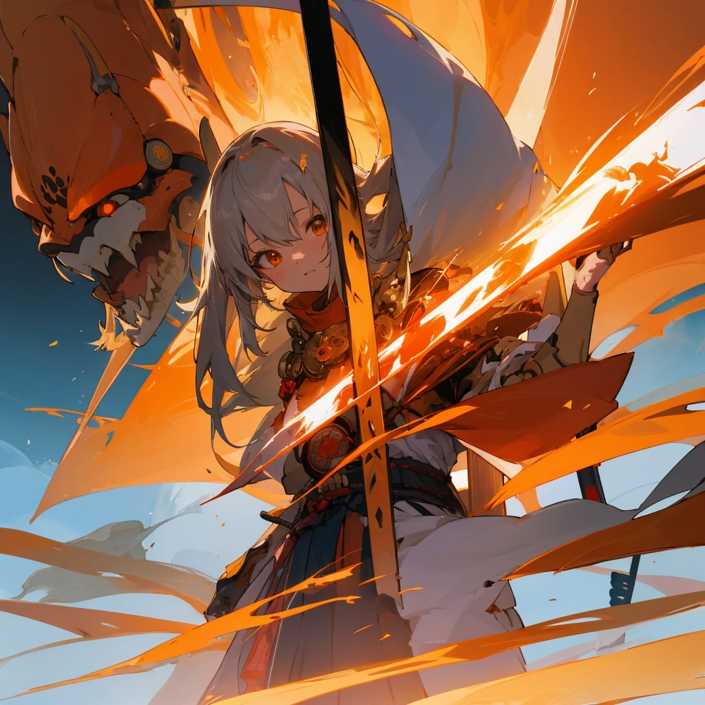 Anime girl standing in futuristic landscape, samurai figure, hieratic visionary style, dark orange and light vegilles, this beauty is incredible, hanging scrolls, characterizing animals, red shift, intertwining materials