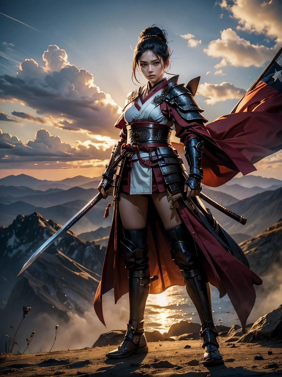 Extreme details, perfect face, medium breasts, black hair in a bun, white armor, samurai armor, heroic posture, samurai flags, rising sun, warm lighting, 1girl, full body