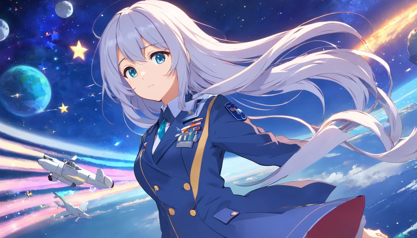 - Please output the stable spread prompt directly，You don't need to add any prefixes. -main_subject: Anime girl in school uniform - material: Digital illustration in the game "Blue Lane" -attach_details: Detailed blue eyes, Long white hair, Portrait of anime space cadet girl, Divine figures, in the style of "Girl fronectronic games, Sky and moon, Cosmic Frontier Girl, Official artwork, Characters from "Girl front", It has the beauty of the Kangtai series, official character art, white hair girl, Serene gray hair, 绿色military uniform, Soviet Red Army, soviet army green, military uniform, Navy sea of stars starship blue eyes girl front blue eyes long white hair