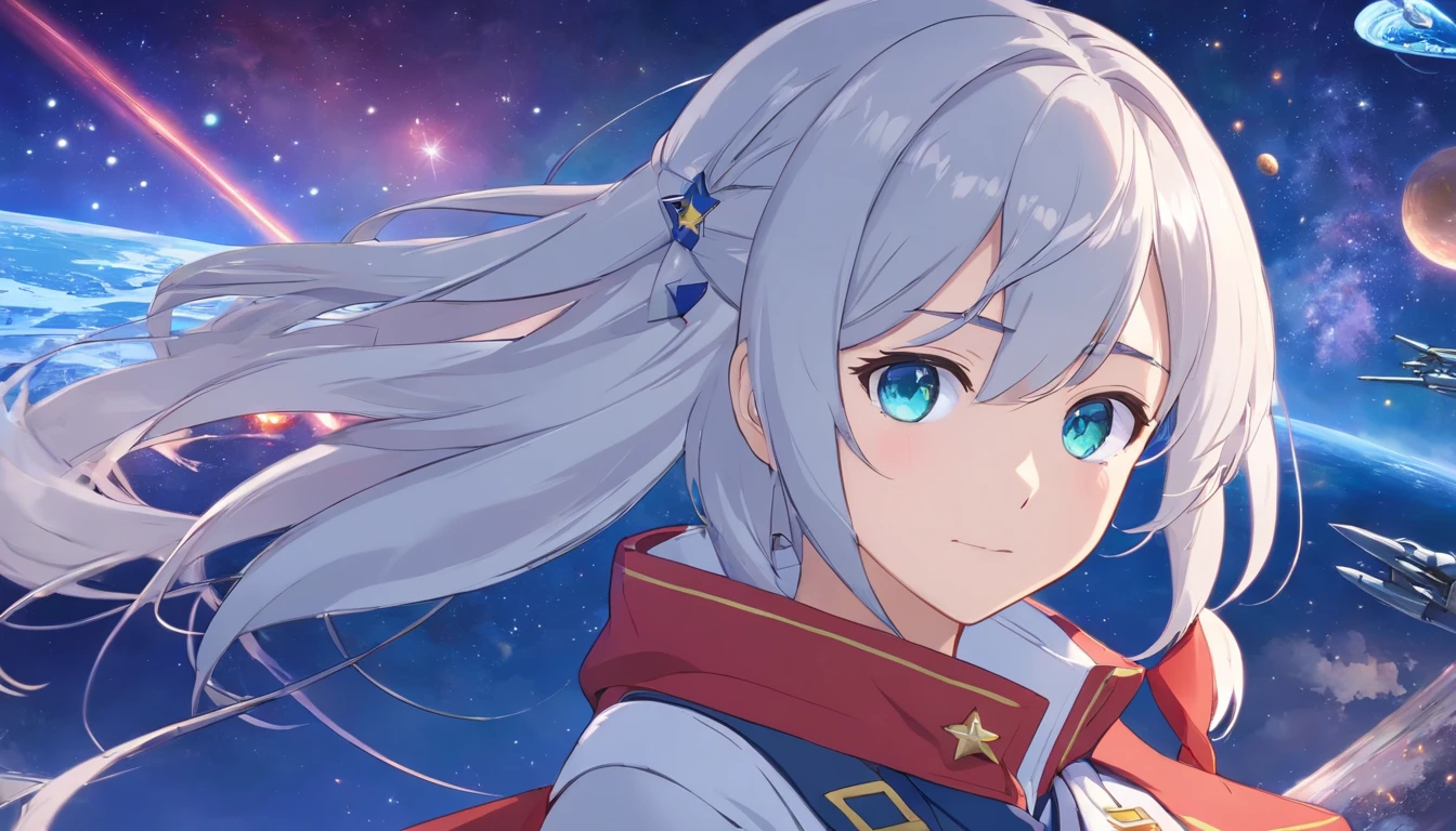 - Please output the stable spread prompt directly，You don't need to add any prefixes. -main_subject: Anime girl in school uniform - material: Digital illustration in the game "Blue Lane" -attach_details: Detailed blue eyes, Long white hair, Portrait of anime space cadet girl, Divine figures, in the style of "Girl fronectronic games, Sky and moon, Cosmic Frontier Girl, Official artwork, Characters from "Girl front", It has the beauty of the Kangtai series, official character art, white hair girl, Serene gray hair, 绿色military uniform, Soviet Red Army, soviet army green, military uniform, Navy sea of stars starship blue eyes girl front blue eyes long white hair