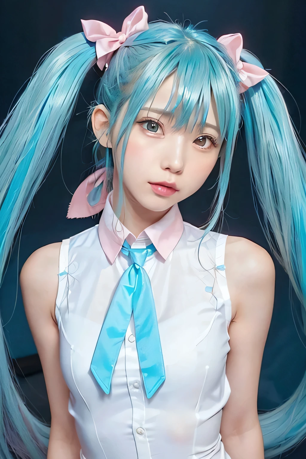 {The theme is Hatsune Miku}、(White Sleeveless Long Shirt:1.3)、turquoise tie、 (pink ribbon、twin tails、Crazy long turquoise hair:1.3)、, shiny hair, expressive hair, crystal hair, gradient eyes, Artistic, conceptual art, glitter effect , shine, UHD, retina, masterpiece, Accurate, anatomically correct, Super detailed, high detail, fine skin,((flat body、slim、cute:1.3))、