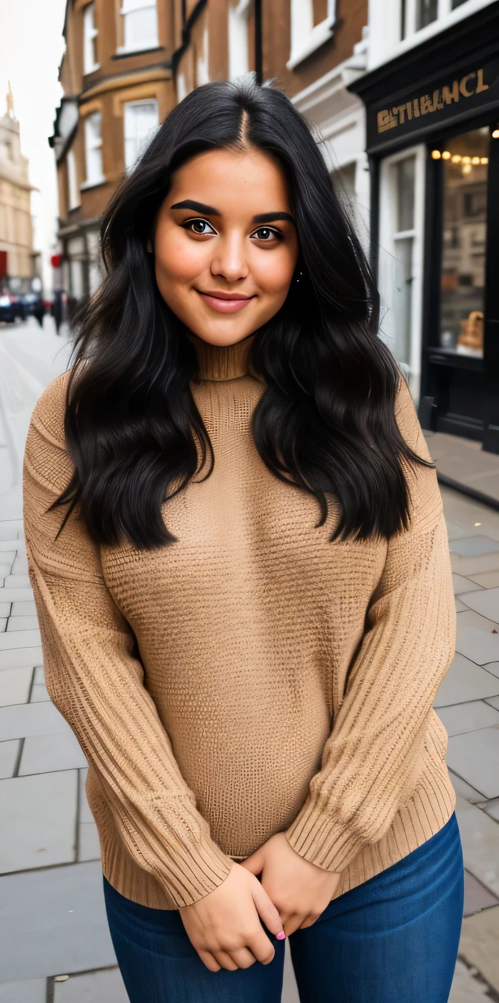 1 girl, black beautiful eyes, black hair, chubby face, wearing a brown sweater and blue jeans, looking at the camera, beautiful street in london, very beautiful, no makeup, natural white tone, a cute smile on face, front view, one hand on the chicks, shy pose