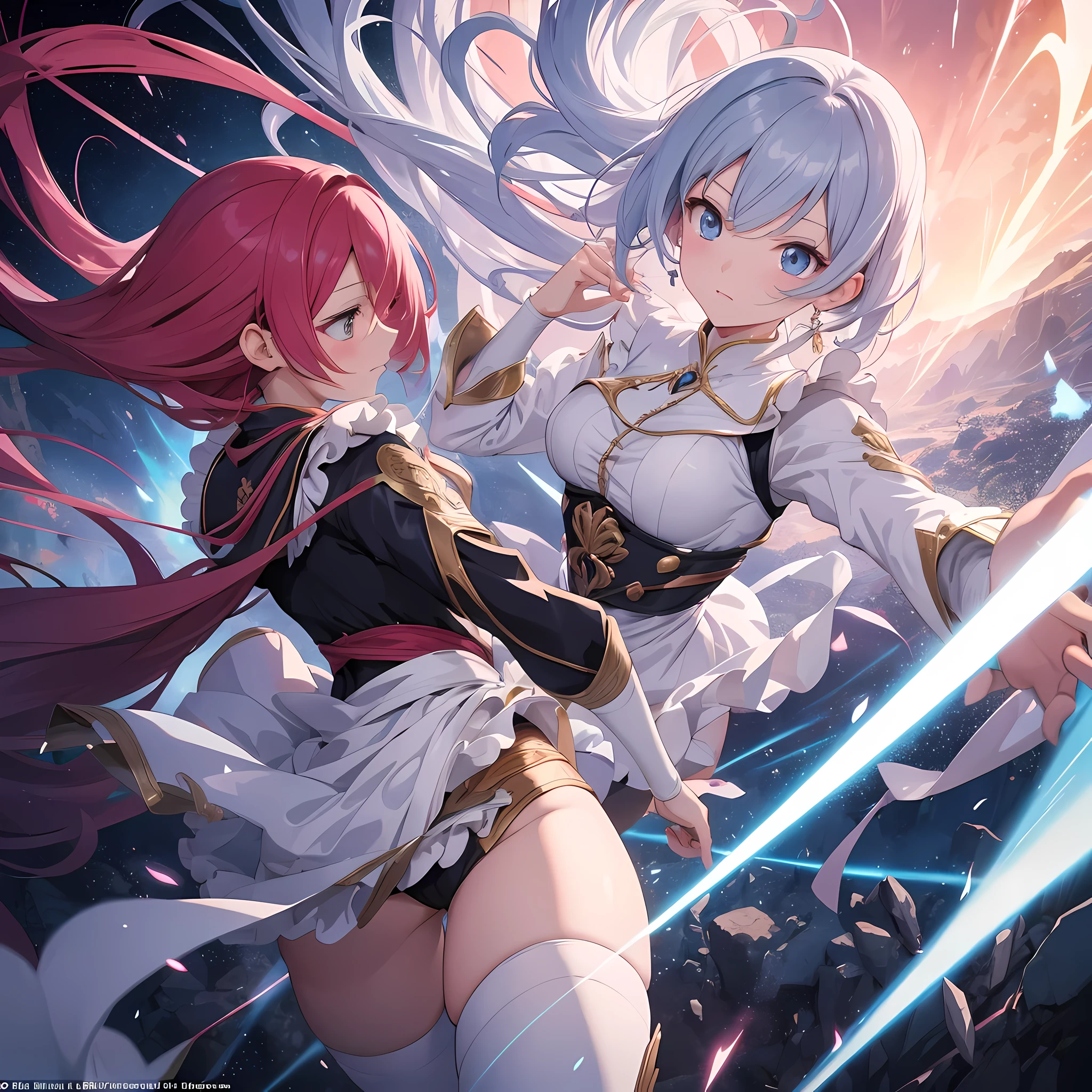(masutepiece:1.3),(Best Quality:1.2),8K,absurderes,Unity 8K Wall Papper,This is an artistic anime illustration, a masterpiece with delicate lines and soft colors set in a fantasy theme. It features two young, cute, impudent maid girls performing an incredible, heartful attack action, gathering energy in their thighs and swinging from right to upper left. The scene is enveloped in a shining light, creating a dazzling effect, with a background that includes landslides, crimson lightning, blue mist, and fluttering flames, all contributing to a fantastical atmosphere. The colors are soft and understated, yet hundreds of sparkling whites highlight the dramatic action. The beauty of the faces, clothes, accessories, weapons, and armor is enhanced by delicate folds and complex slits, meticulously represented down to the smallest detail. Their eyes are beautifully and cleanly depicted. Every effect, garment, face, and other elements are delicately and beautifully drawn with the greatest effects and details of this century. The focus is on the inner thighs!"