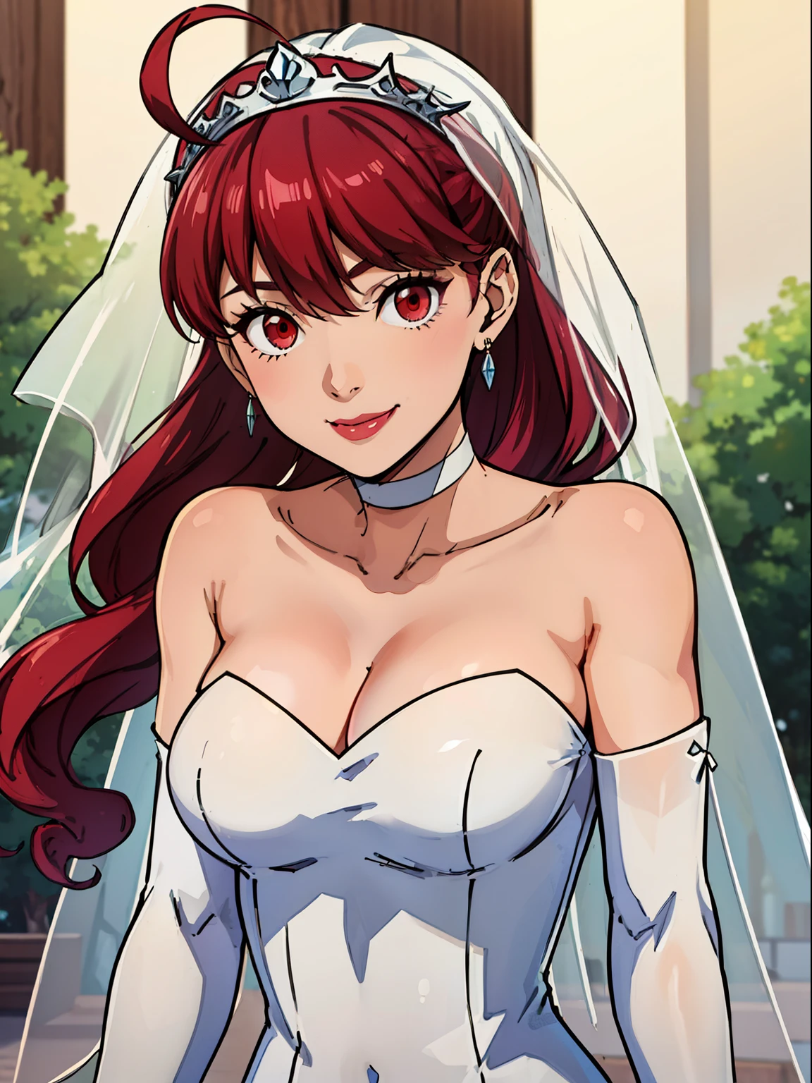 1girl, solo ,kasumi, red hair, pony tail, red eyes,earrings ,lipstick, eye shadow, makeup, hair between eyes, ahoge, hair ornament, gloves, dress, cleavage, bare shoulders, collarbone, white oprea gloves, white gloves, white dress, strapless, white choker, tiara, veil, strapless dress, wedding dress, bridal veil, beautiful woman, perfect body, perfect breasts, wearing a wedding dress, ball gown, in the park trees, wedding decorations, looking at the viewer,  smile, realism, masterpiece, textured skin, super detail, high detail, high quality, best quality, 1080p,