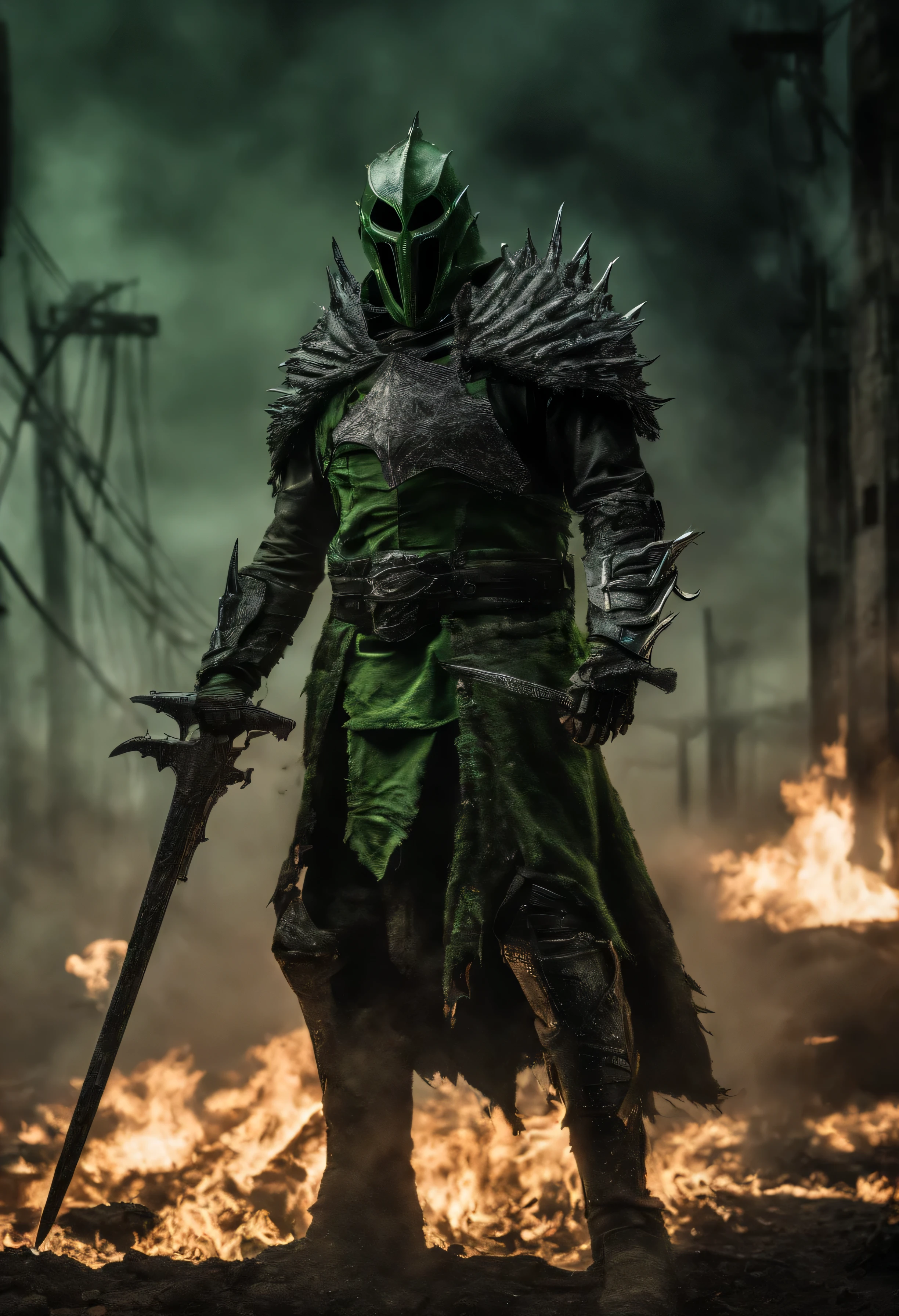 ((Realistic: 1.5)),((Best quality)), ((masterpiece)),((detailed)), Image Comics version of Spawn Copper Wolf, (((Wear full plate armor))), ((Eyes glow green)), ((The chains are burning in his hands)), the armor has spikes, Winner in the nomination &quot;Best Photo of the Year&quot;, world in fire, post-apocalyptic hellscape, military photography, photo epic of the year, fire on the horizon, An epic cinematic shot, Pure form, the hard part, 8k post-production, a high resolution, Super Detail, trending on ArtStation, Sharp Focus, studio photos, the hard part, Very detailed, Greg Rutkowski